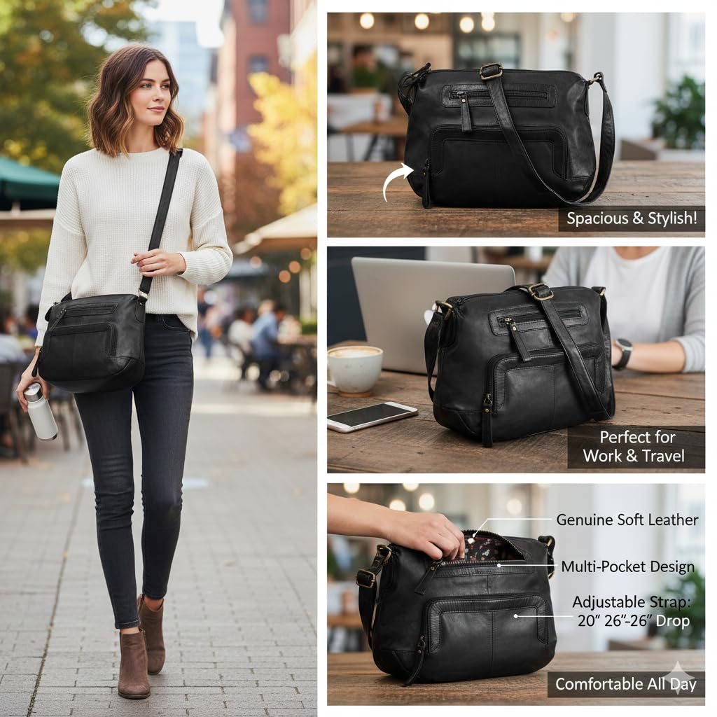 Oak Leathers Women's Crossbody Bag - Genuine Leather Crossover Shoulder Purse With Adjustable Sling Strap - Medium Size