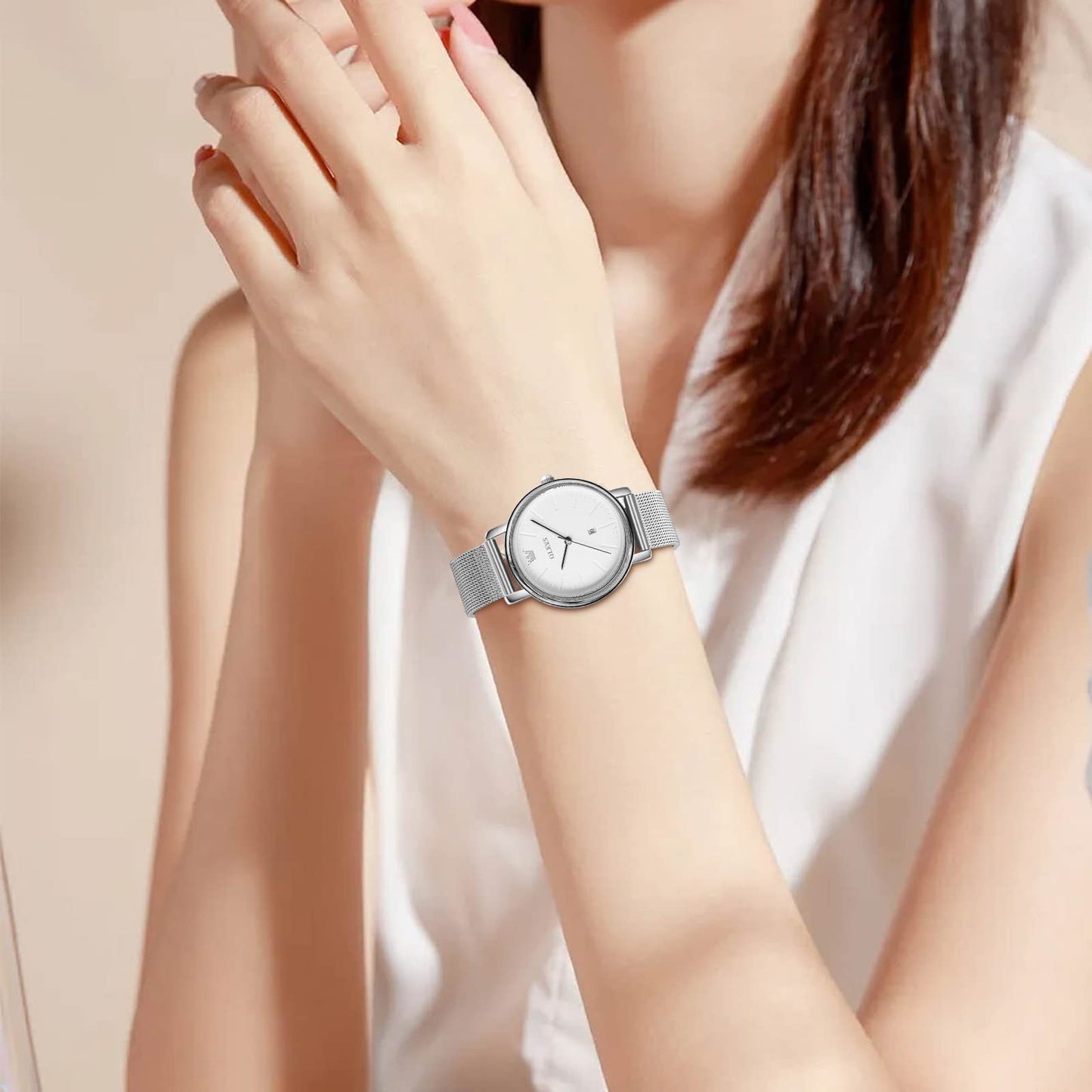OLEVS Women's Mesh Bracelet Watch, Elegant Large Face Three Hand Analog Quartz Womens Wristwatch, Pretty Slim Date Display Waterproof Ladies Watches for Small Wrists