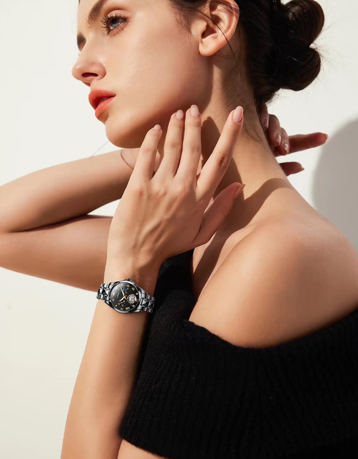 OUPINKE Women Automatic Watches Luxury Diamond Flywheel Two-Tone Stainless Tungsten Steel Band Moon Phase 24 Hours