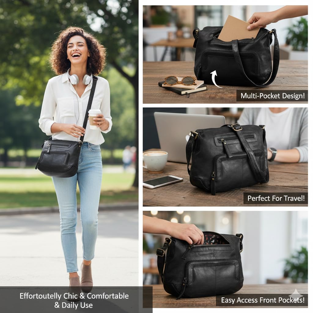 Oak Leathers Women's Crossbody Bag - Genuine Leather Crossover Shoulder Purse With Adjustable Sling Strap - Medium Size