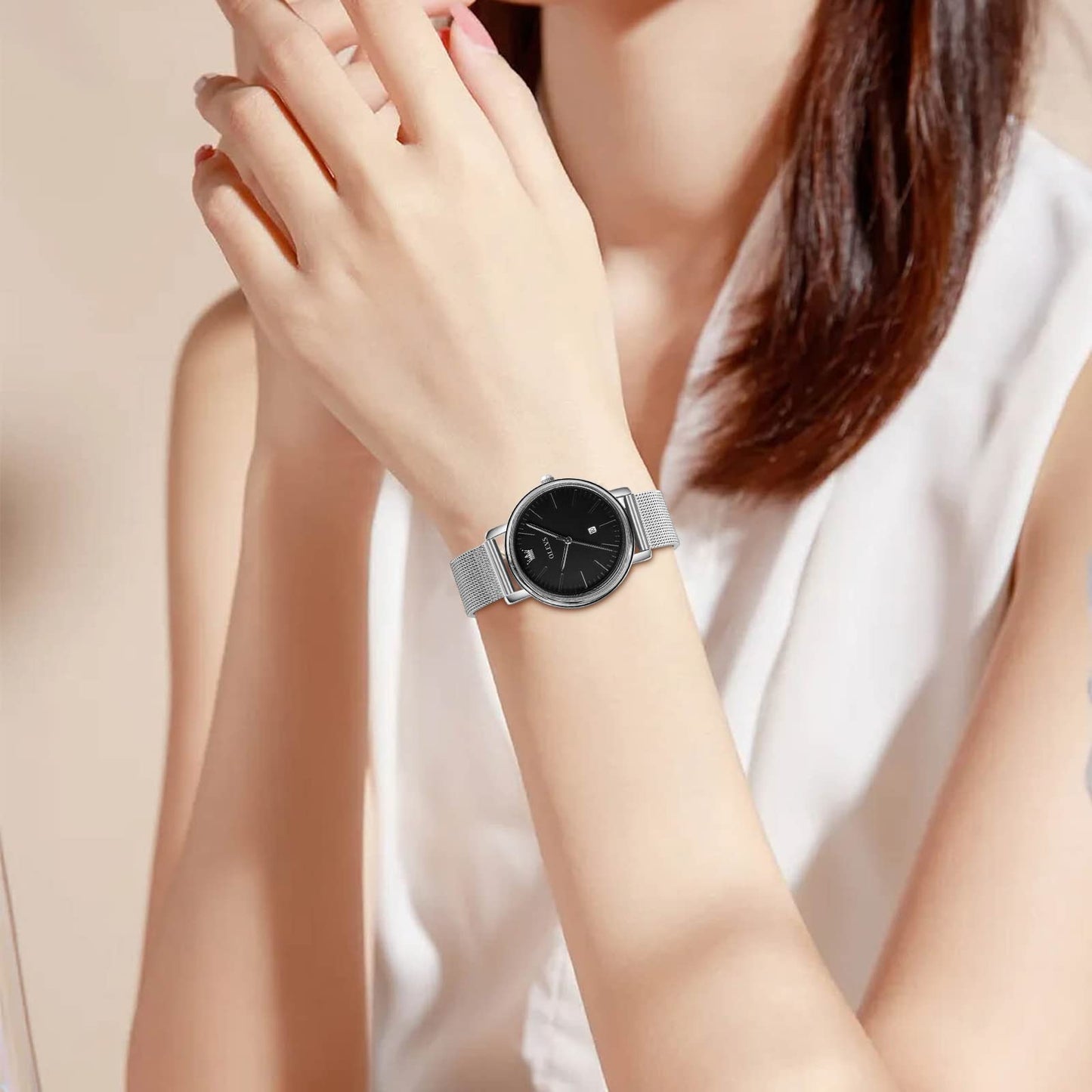 OLEVS Women's Mesh Bracelet Watch, Elegant Large Face Three Hand Analog Quartz Womens Wristwatch, Pretty Slim Date Display Waterproof Ladies Watches for Small Wrists
