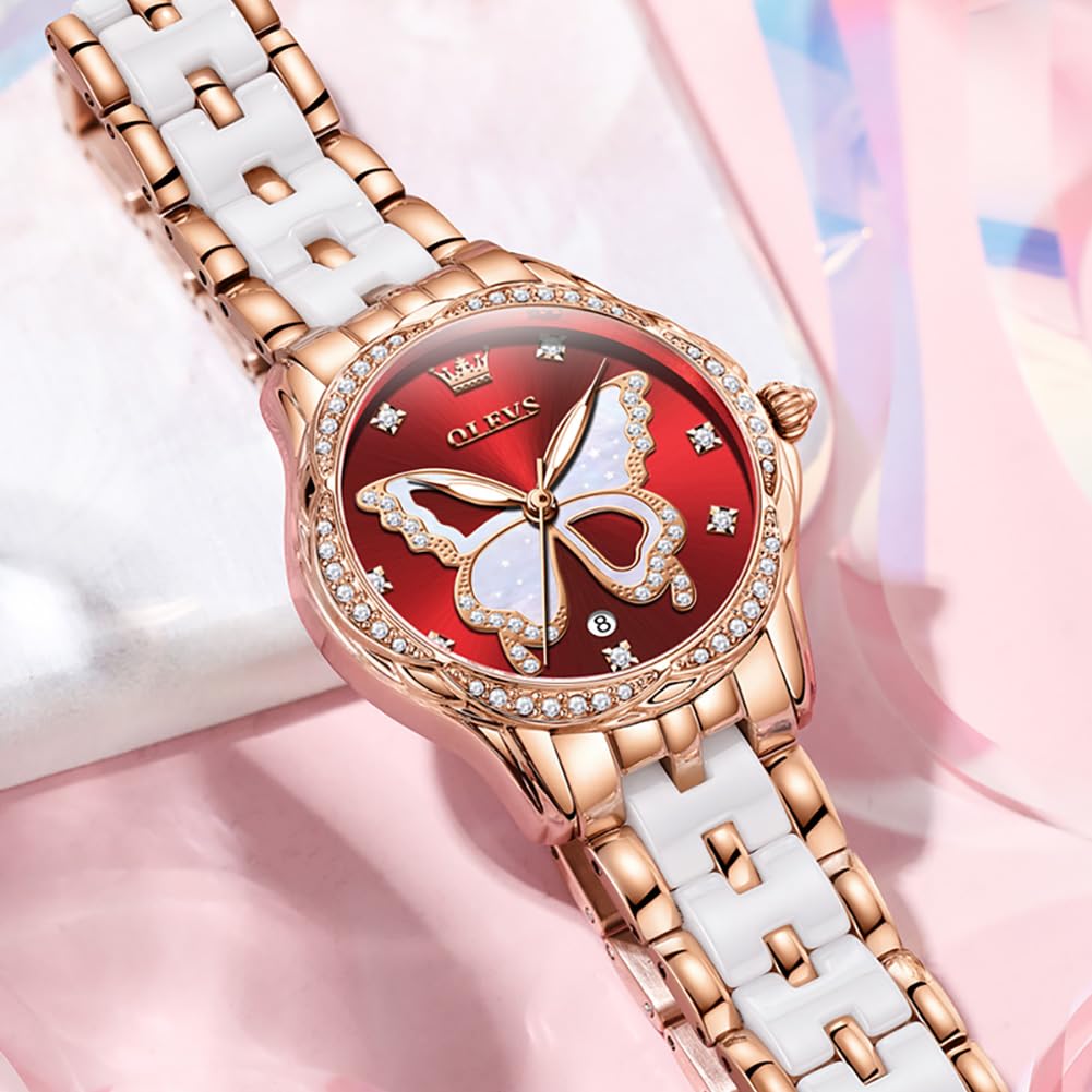 OLEVS Watches for Women Rose Gold Two Tone Fashion White Ceramic Ladies Wrist Watches Pink/Red Dial Stainless Steel Waterproof Date