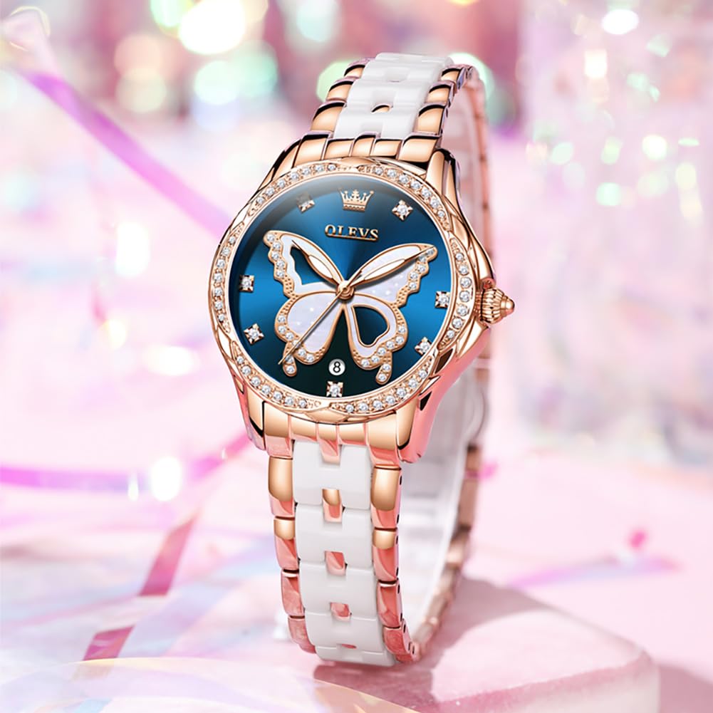 OLEVS Watches for Women Rose Gold Two Tone Fashion White Ceramic Ladies Wrist Watches Pink/Red Dial Stainless Steel Waterproof Date