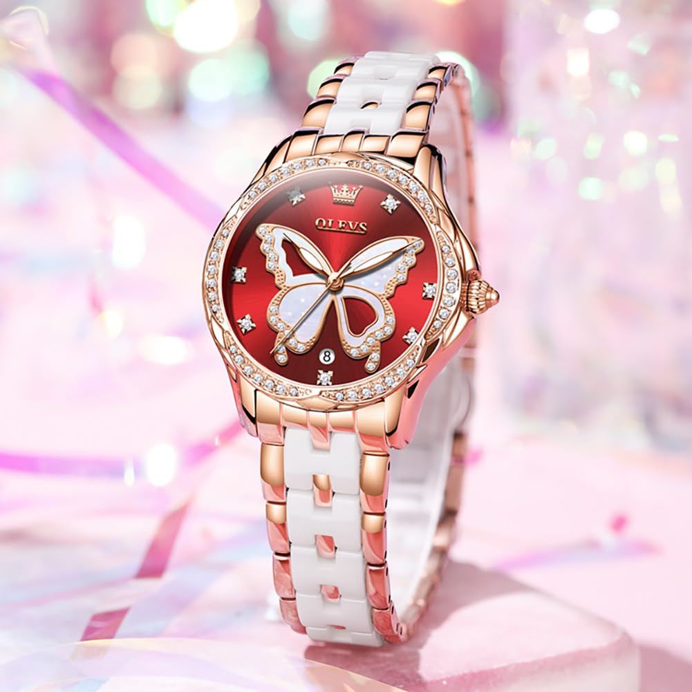 OLEVS Watches for Women Rose Gold Two Tone Fashion White Ceramic Ladies Wrist Watches Pink/Red Dial Stainless Steel Waterproof Date