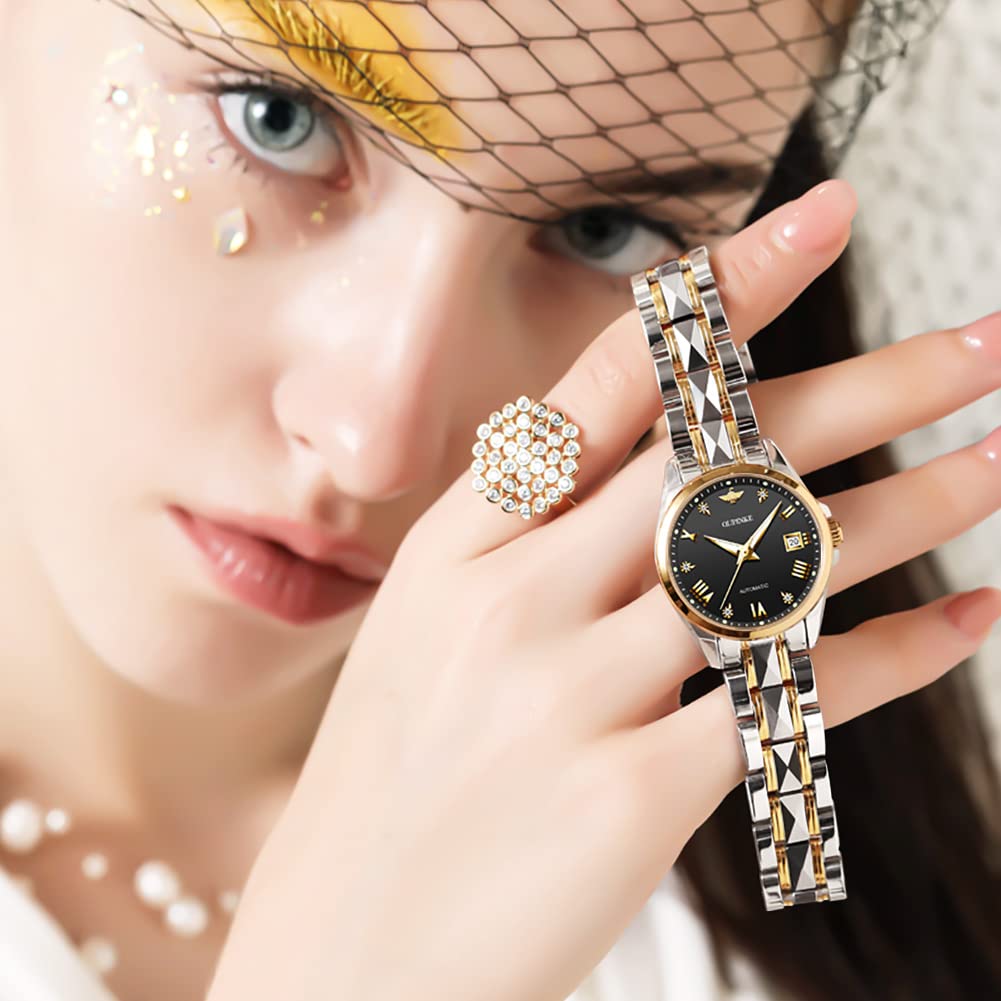OLEVS Watches for Women Rose Gold Two Tone Fashion White Ceramic Ladies Wrist Watches Pink/Red Dial Stainless Steel Waterproof Date