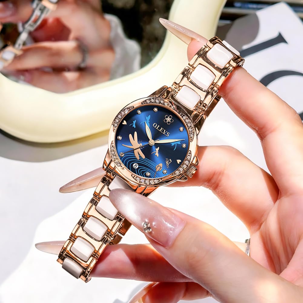 OLEVS Watches for Women Automatic Mechanical Self Winding Rose Gold Ladies Watch Diamond Dress Ceramic Bracelet Waterproof Female Wrist Watch