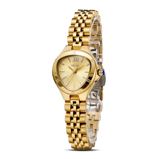 GeYa Vintage Gold Watches for Women Dainty Ladies Quartz Wristwatch,316L Stainless Steel Bracelet for Small Wrist,3ATM Waterproof,Triangle Shape,Birthday Gifts,with Tools,24.5mm