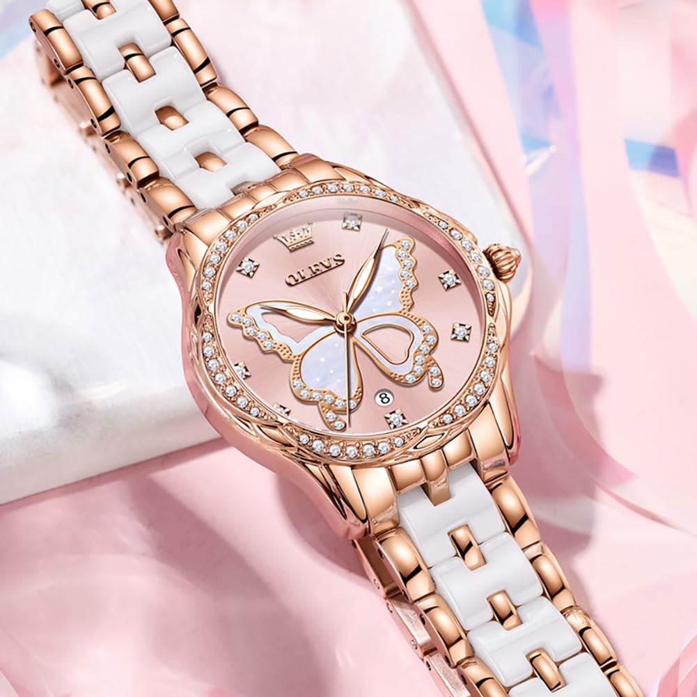 OLEVS Watches for Women Rose Gold Two Tone Fashion White Ceramic Ladies Wrist Watches Pink/Red Dial Stainless Steel Waterproof Date