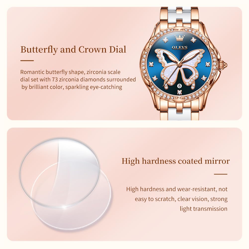 OLEVS Watches for Women Rose Gold Two Tone Fashion White Ceramic Ladies Wrist Watches Pink/Red Dial Stainless Steel Waterproof Date
