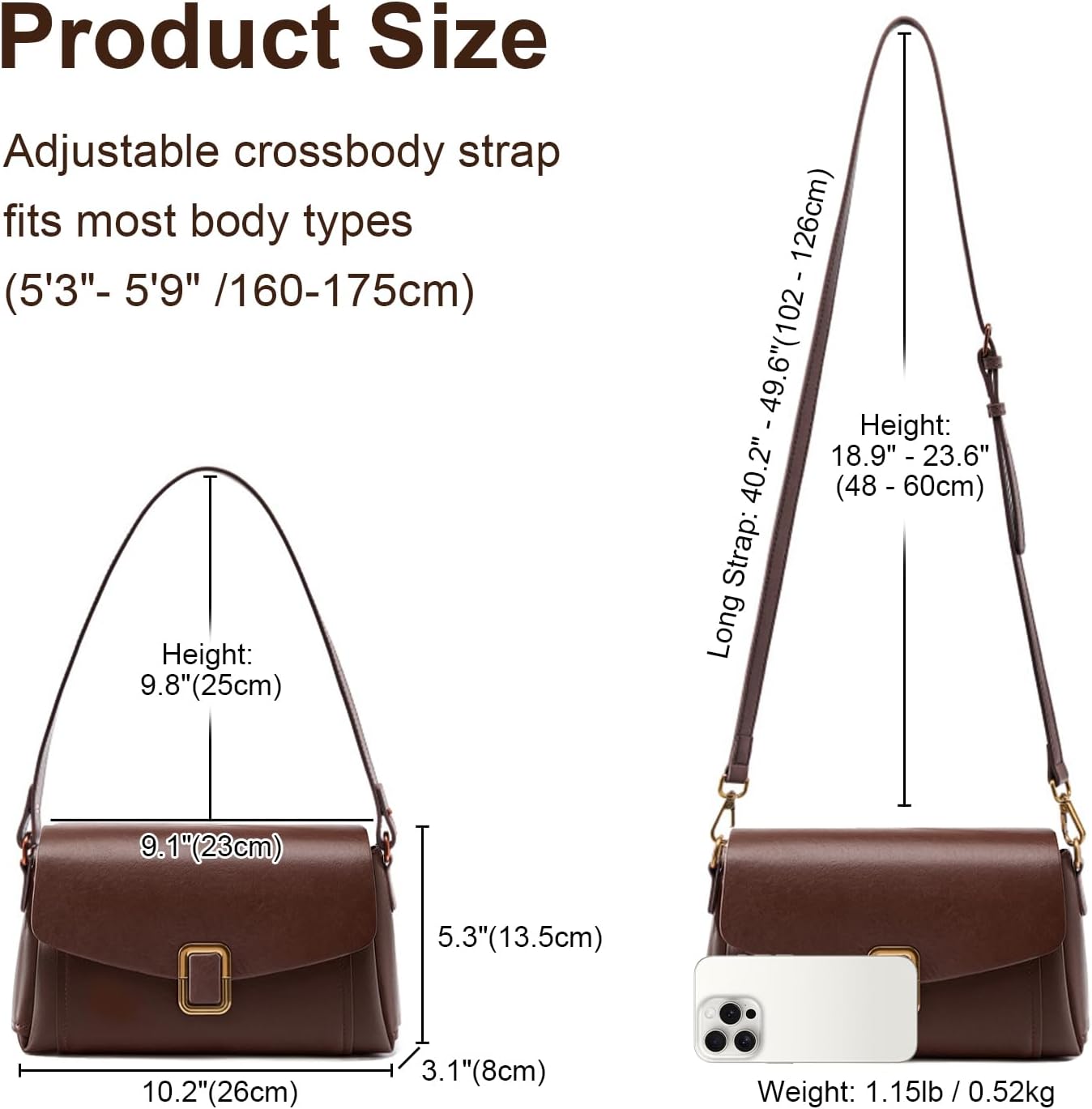 Genuine Leather Crossbody Bag for Women, Adjustable Shoulder Bag | Genuine Leather, 2 Detachable Straps, Satchel, Compact & Lightweight, Travel, Everyday, Work, Gift