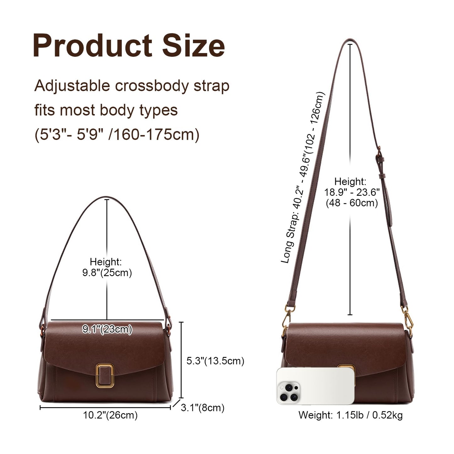 Genuine Leather Crossbody Bag for Women, Adjustable Shoulder Bag | Genuine Leather, 2 Detachable Straps, Satchel, Compact & Lightweight, Travel, Everyday, Work, Gift