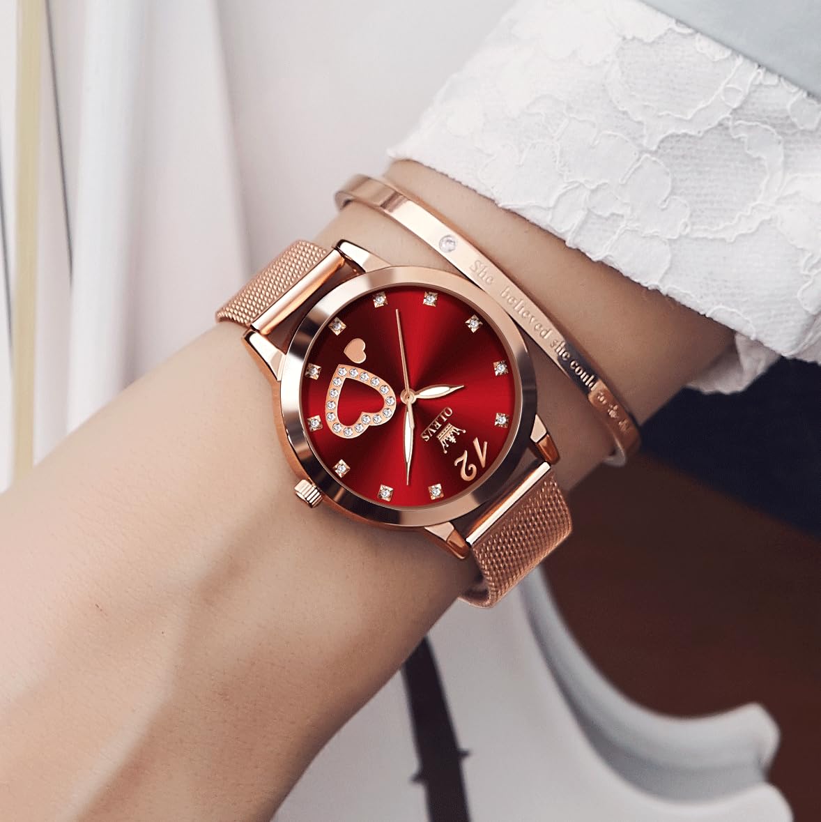 OLEVS Women's Small Wrist Rose Gold Tone Watch - Cute Diamond Heart Arabic Numerals Dial, Fashion Waterproof Mesh Bracelet Analog Dress for Ladies