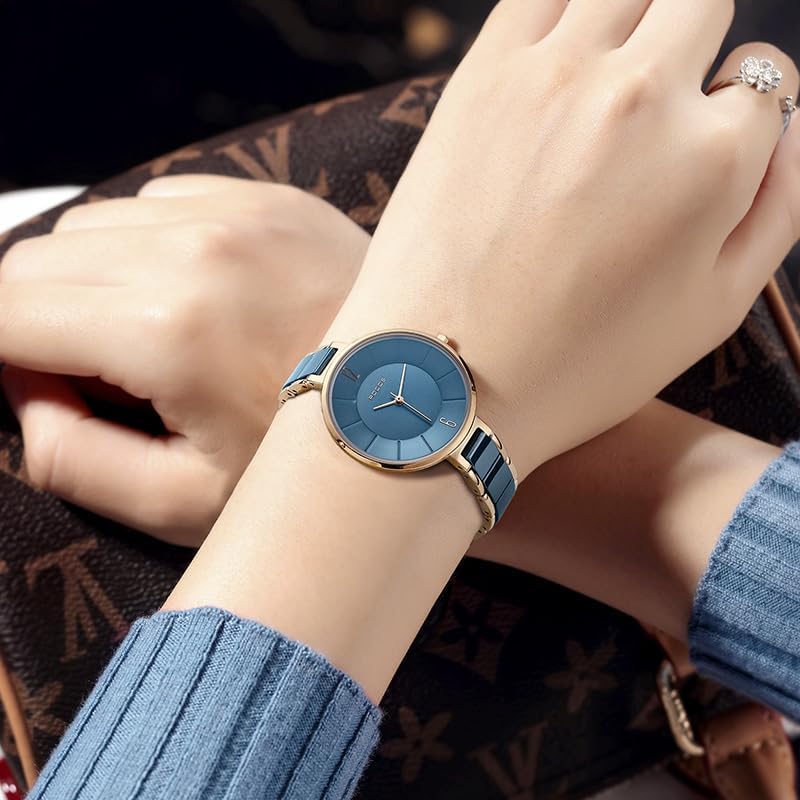 ROCOSJEWE Women’s Ceramic Quartz Analog Watch, Blue Dial with Rose Gold Accent, Ultra-Thin Design, Butterfly Clasp, 30M Waterproof Watches for Women