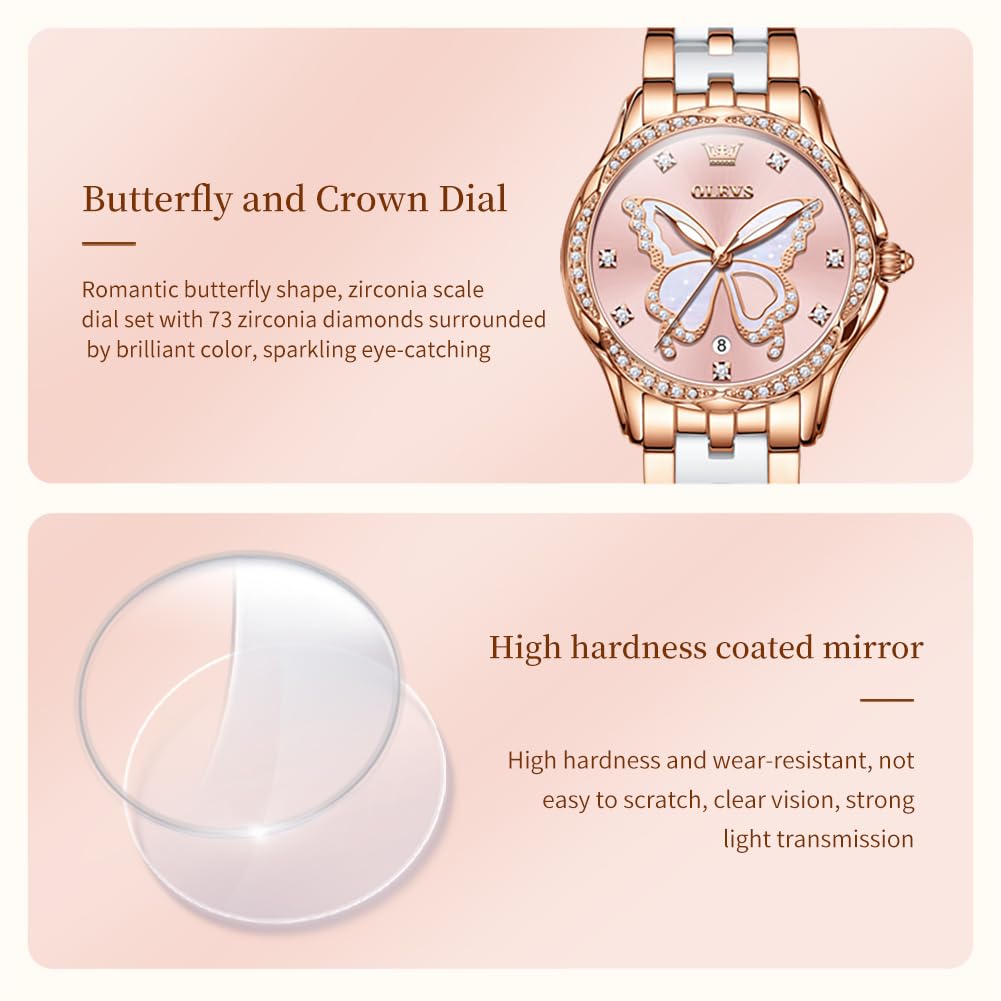 OLEVS Watches for Women Rose Gold Two Tone Fashion White Ceramic Ladies Wrist Watches Pink/Red Dial Stainless Steel Waterproof Date