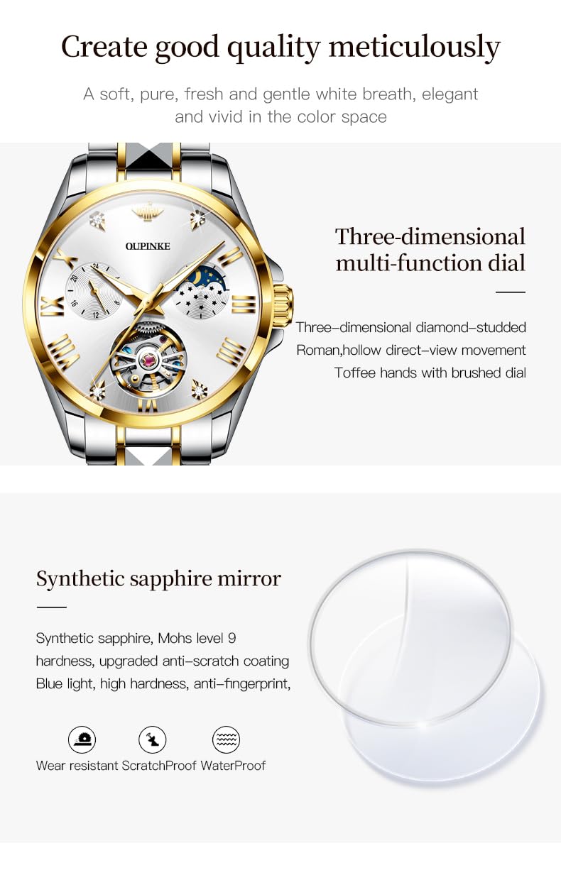 OUPINKE Women Automatic Watches Luxury Diamond Flywheel Two-Tone Stainless Tungsten Steel Band Moon Phase 24 Hours