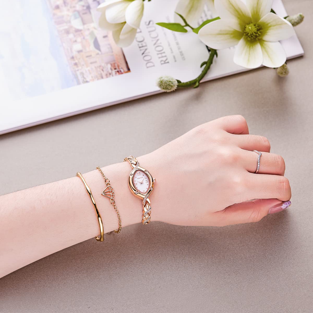 TIME100 Women's Bracelet Watches Ladies Quartz Wrist Watch with Green Dial Bezel with Crystals in Movement Bracelet Strap with Diamonds Waterproof