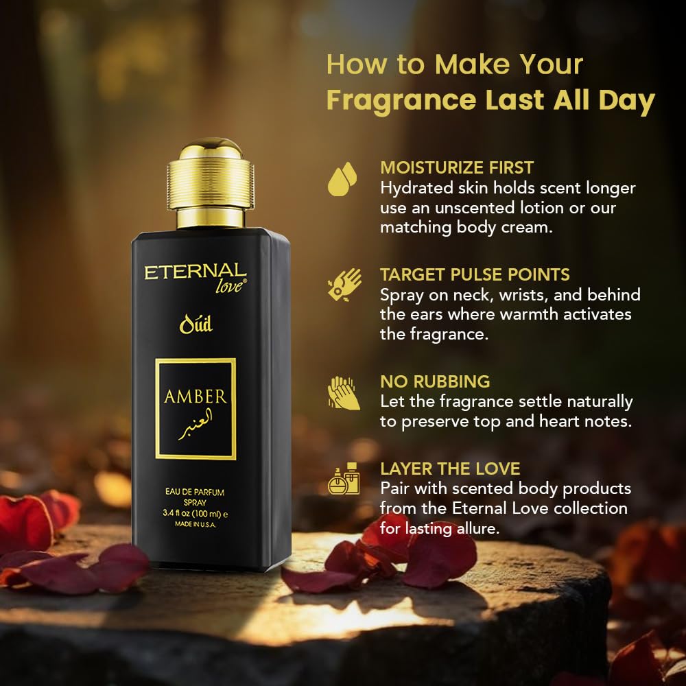 Eternal Love Amber Oud - Long Lasting Unisex Eau de Parfum - Warm Woody Oriental Fragrance with Oud & Amber - Dubai Inspired Arabic Scent - 3.4oz