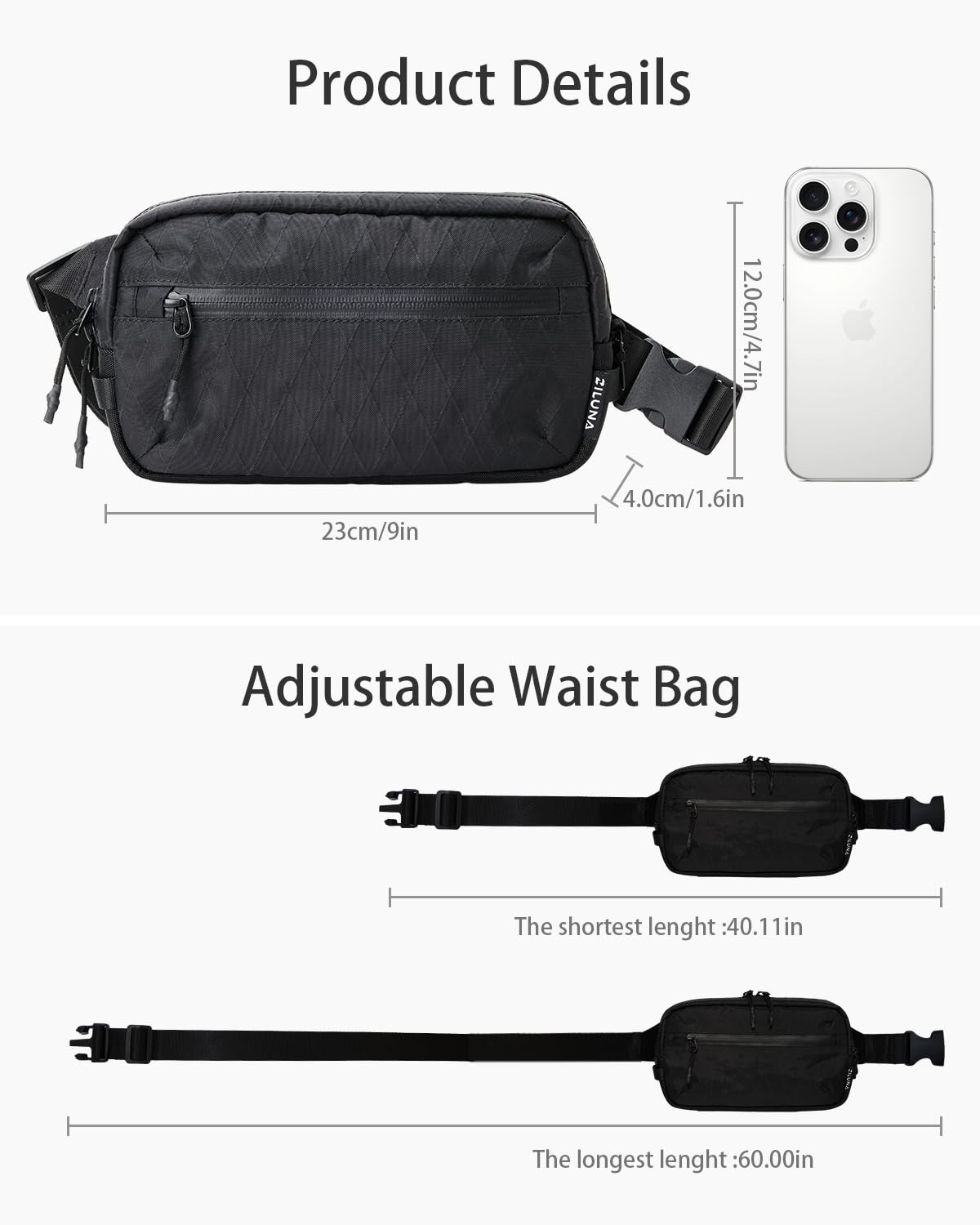 2L Sling Bag for Men & Women - Anti-Theft RFID Blocking Fanny Pack with Lockable Zippers, Water Resistant Lightweight Crossbody Bag for Travel Hiking Running Gym Walking Daily Use(Black)