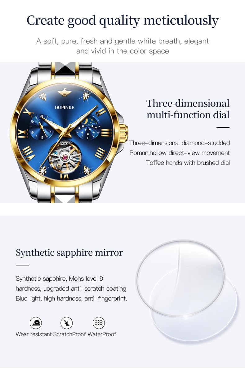 OUPINKE Women Automatic Watches Luxury Diamond Flywheel Two-Tone Stainless Tungsten Steel Band Moon Phase 24 Hours