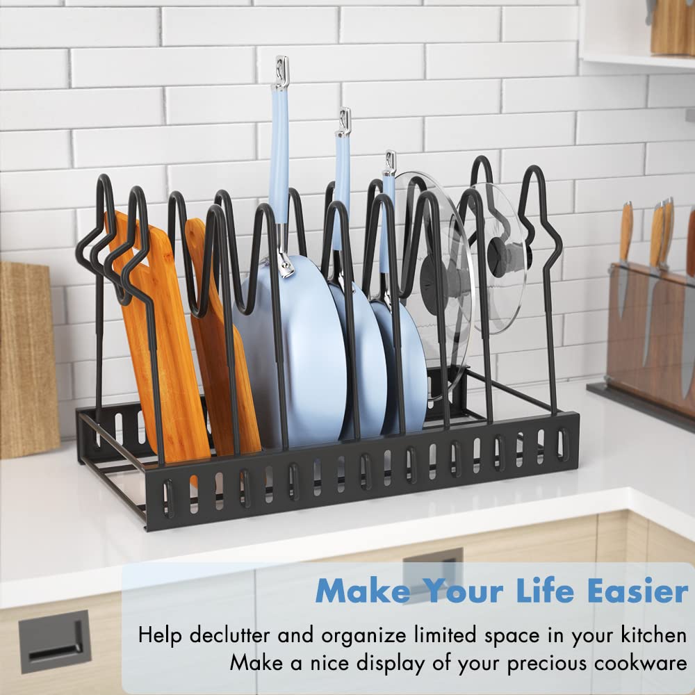 Felibeaco Adjustable Pots and Pans Organizer Rack for Cabinet, Metal Pans Pots Lids Storage Holder Rack with 3 DIY Methods for Kitchen, Counter,Black