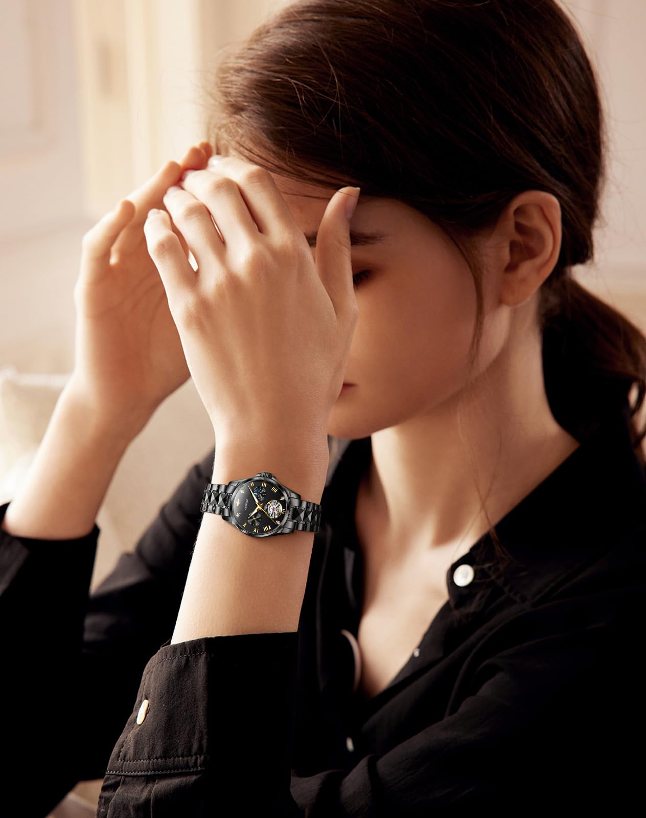 OUPINKE Women Automatic Watches Luxury Diamond Flywheel Two-Tone Stainless Tungsten Steel Band Moon Phase 24 Hours