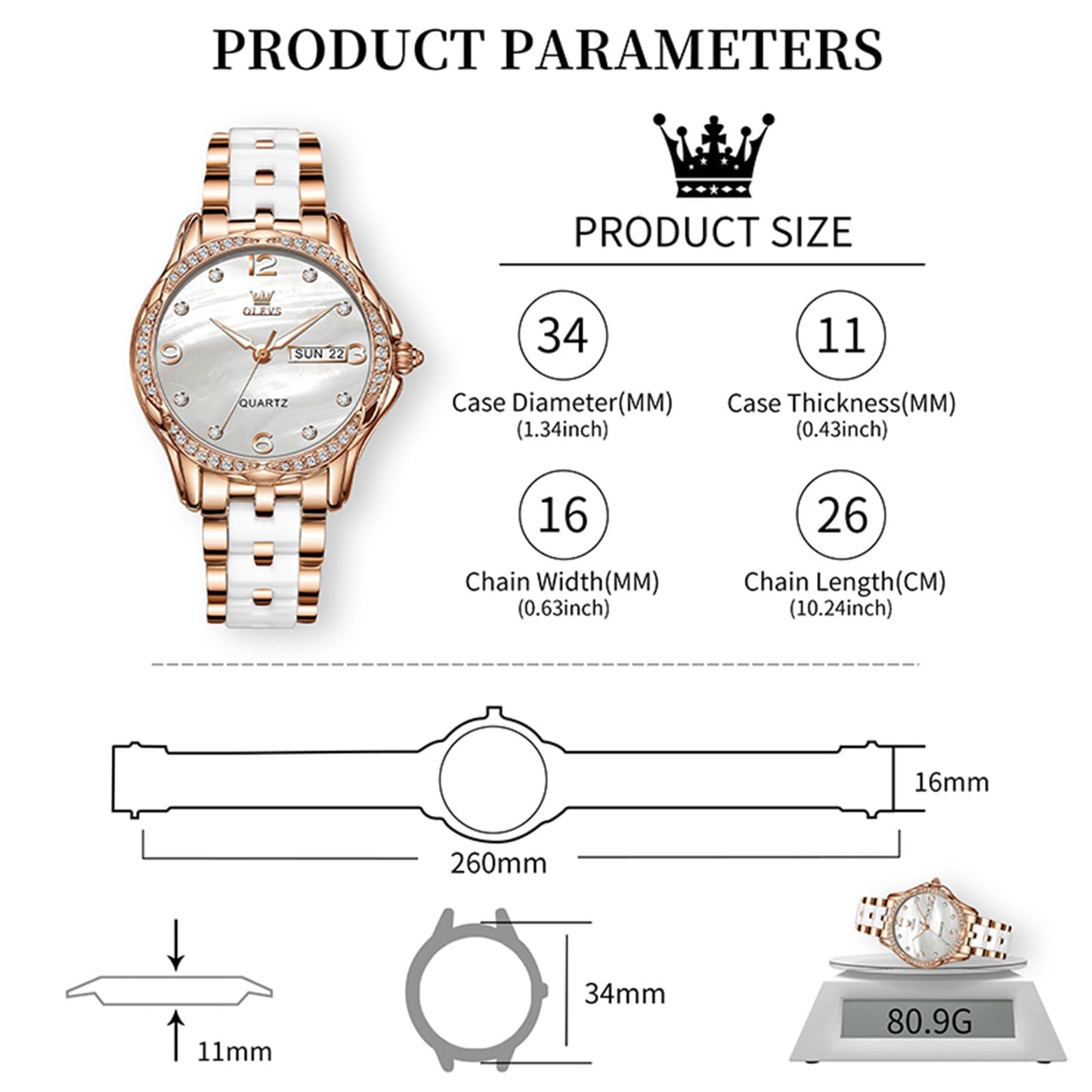 OLEVS Women's Watch Ceramic Band Waterproof Dress Watch Analog Quartz Watches Elegant Luxury Comfortable Wrist Watches with Date Day & Diamond White/Pink/Black Dial Gift for Her Reloj para Mujer