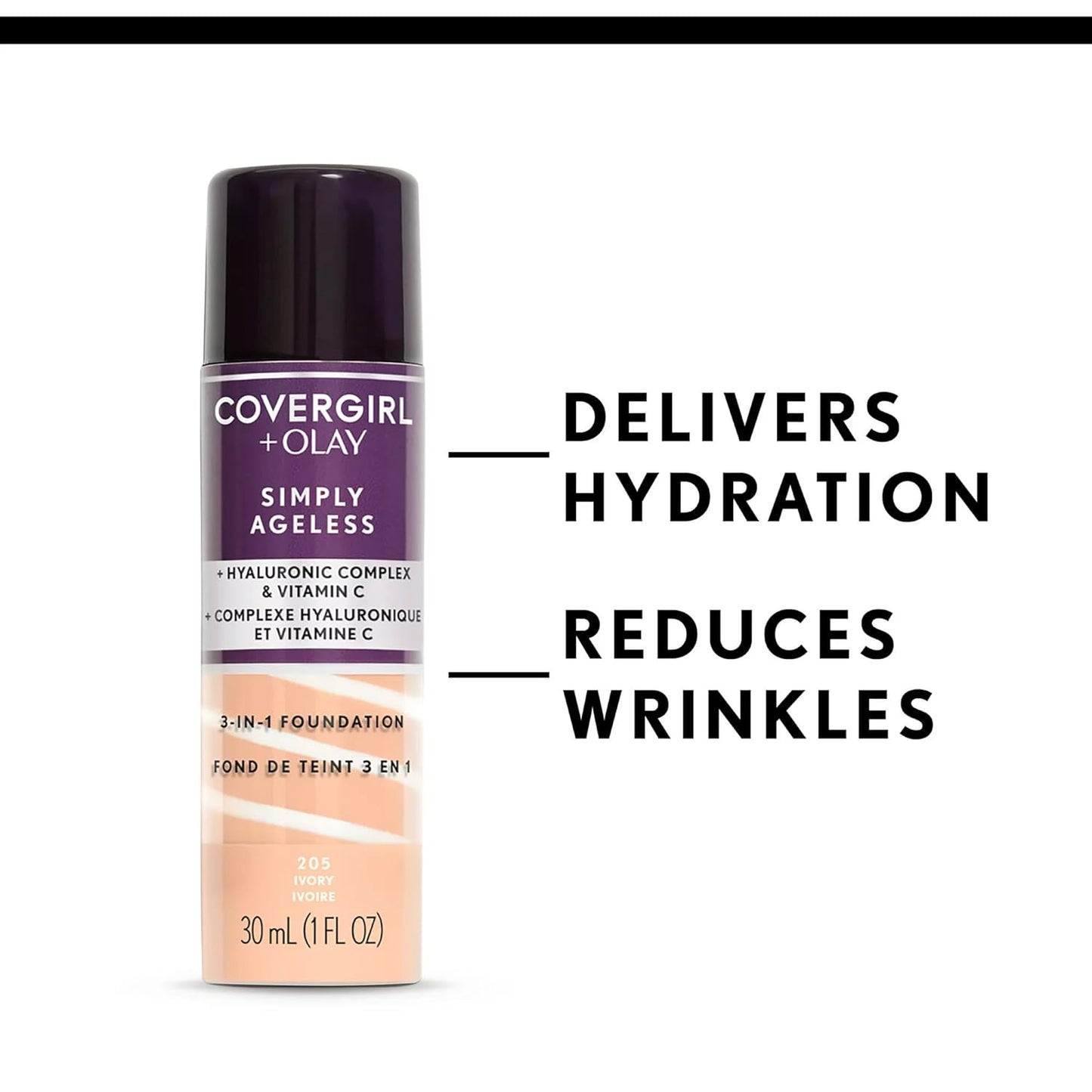 COVERGIRL & Olay Simply Ageless 3-in-1 Liquid Foundation, Matte Finish, Hyaluronic & Vitamin C Formula, 225 Buff Beige, 1 Count