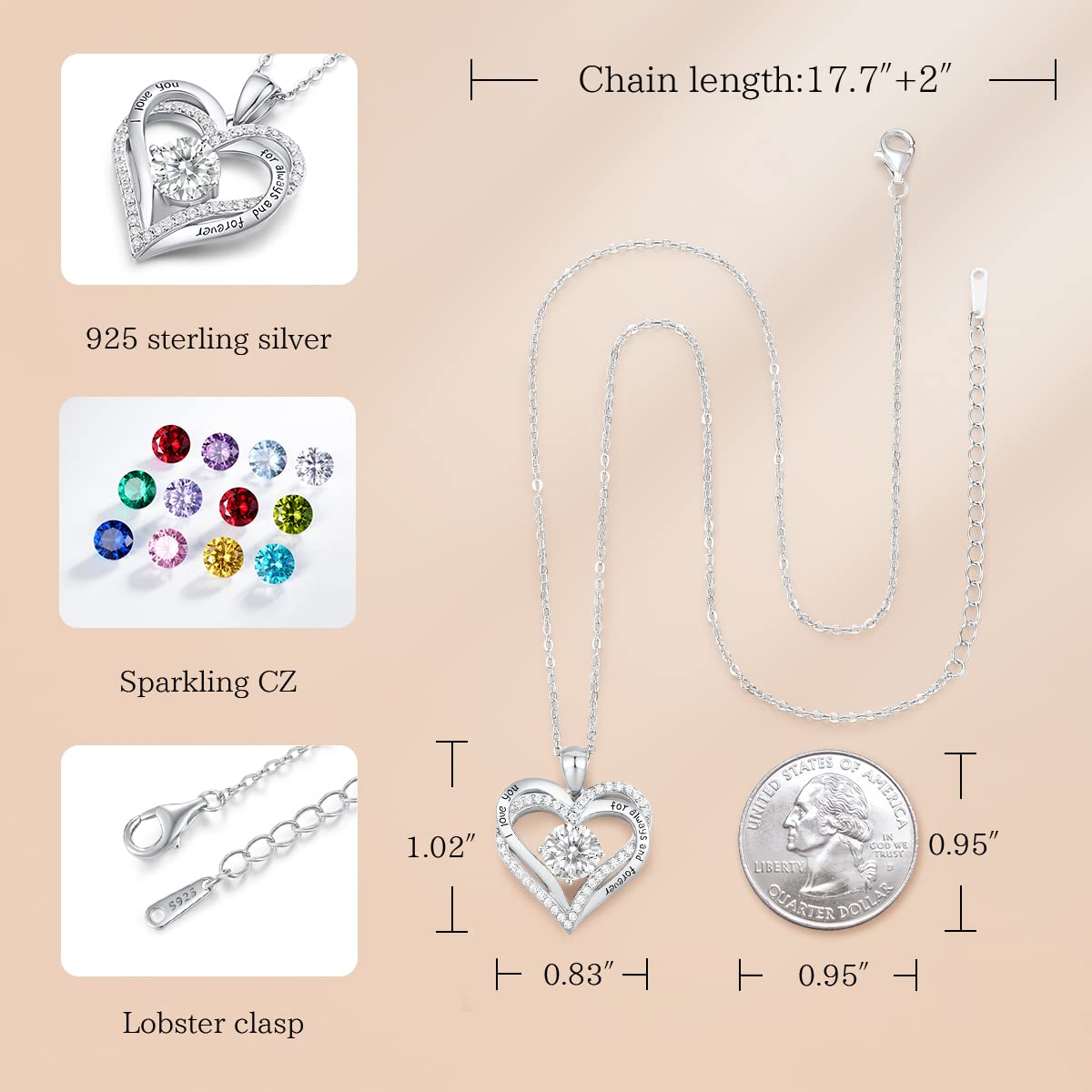 CDE Forever Love Heart Necklaces for Women, Wedding Anniversary, Valentine's，Birthday Mothers Christmas Day Gifts for Mom, Mother, Wife, S925 Silver Jewelry with Birthstone Pendant
