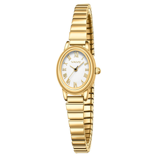 Small Gold Watches for Women,Analog Womens Watch with Stainless Steel Expansion Band,Oval Case Roman Dial,Water Resistant