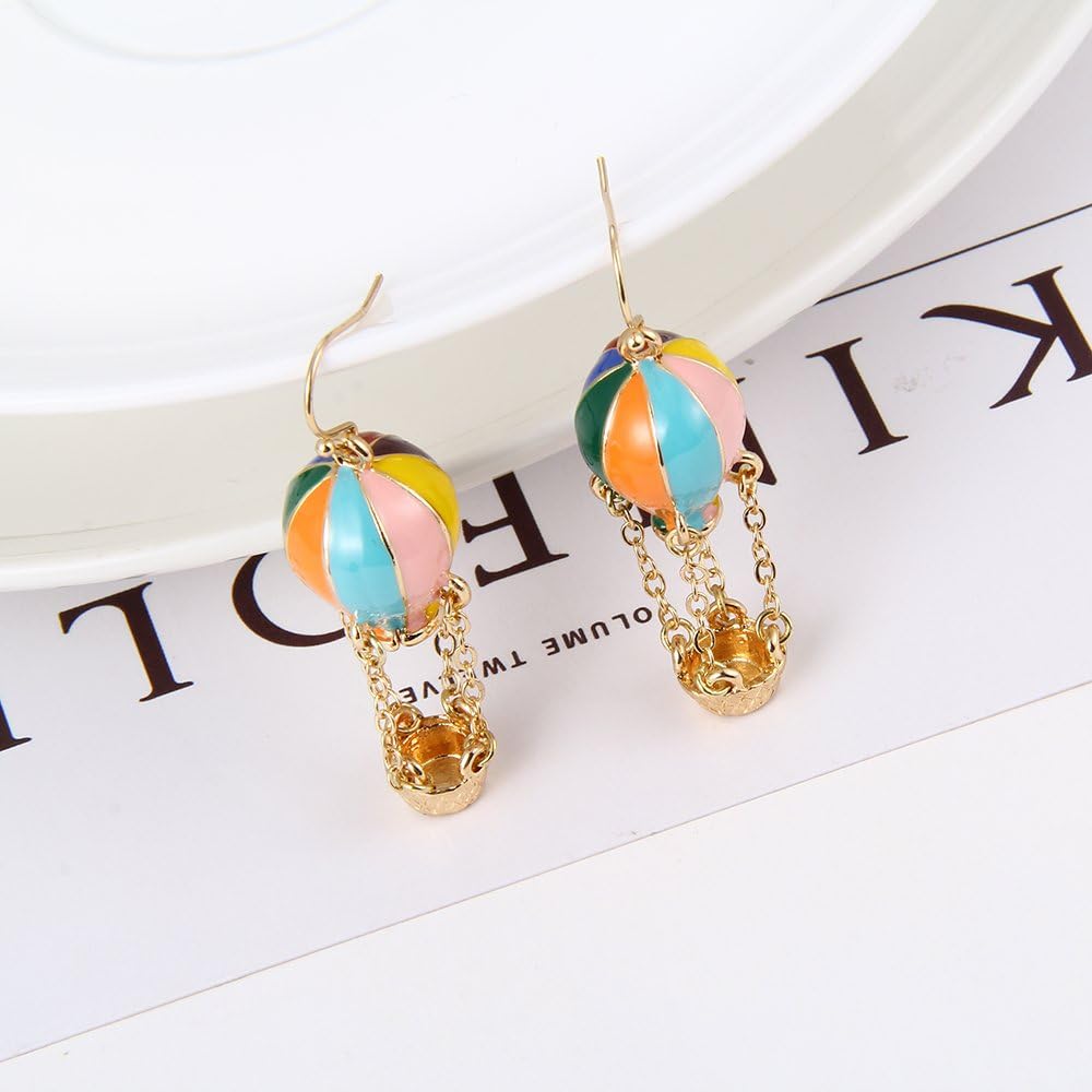 Lureme Colorful Enamel Hot Air Balloon Chained Basket Gold Tone French Hook Dangle Earrings 2002344-1