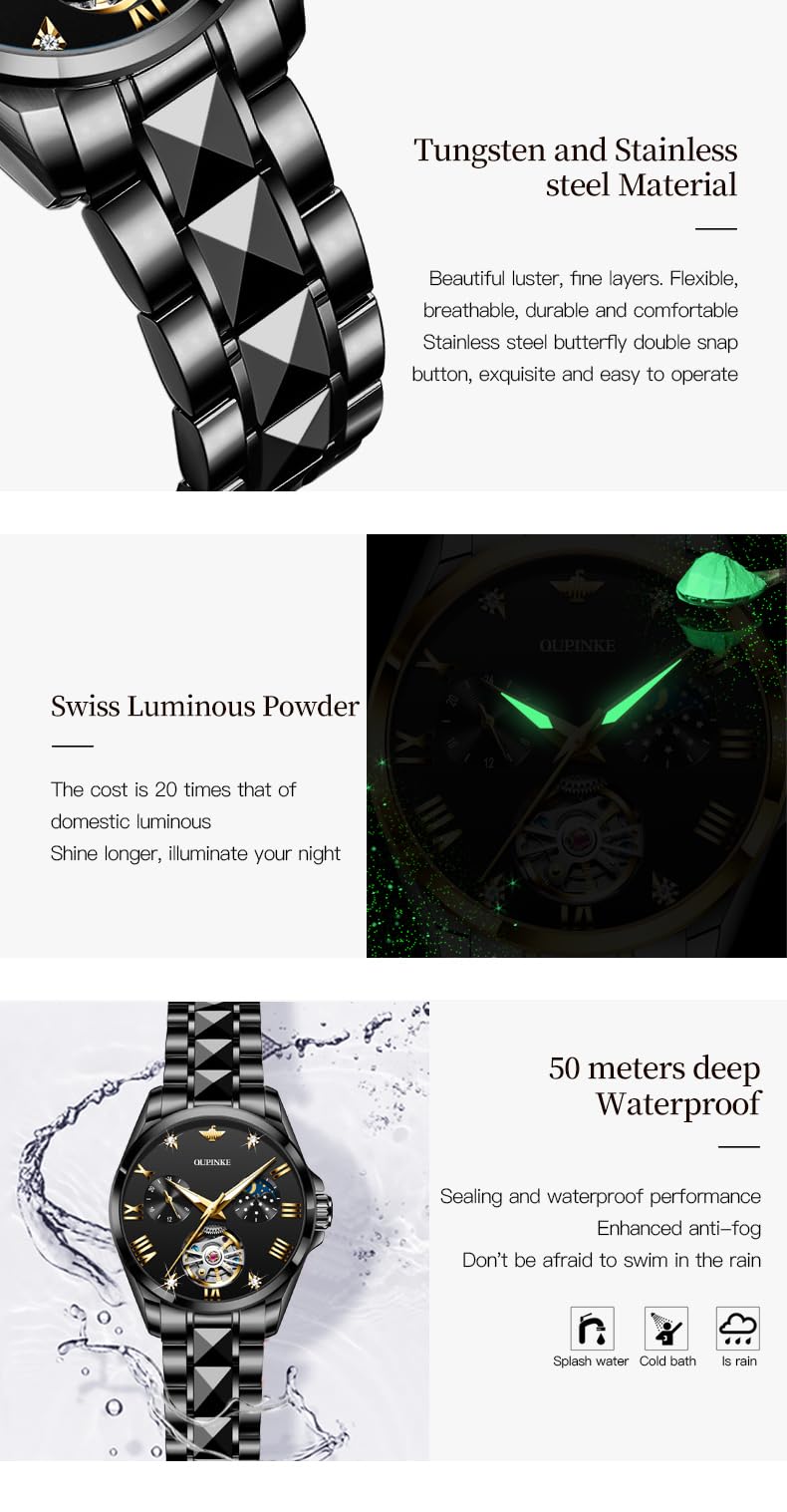 OUPINKE Women Automatic Watches Luxury Diamond Flywheel Two-Tone Stainless Tungsten Steel Band Moon Phase 24 Hours