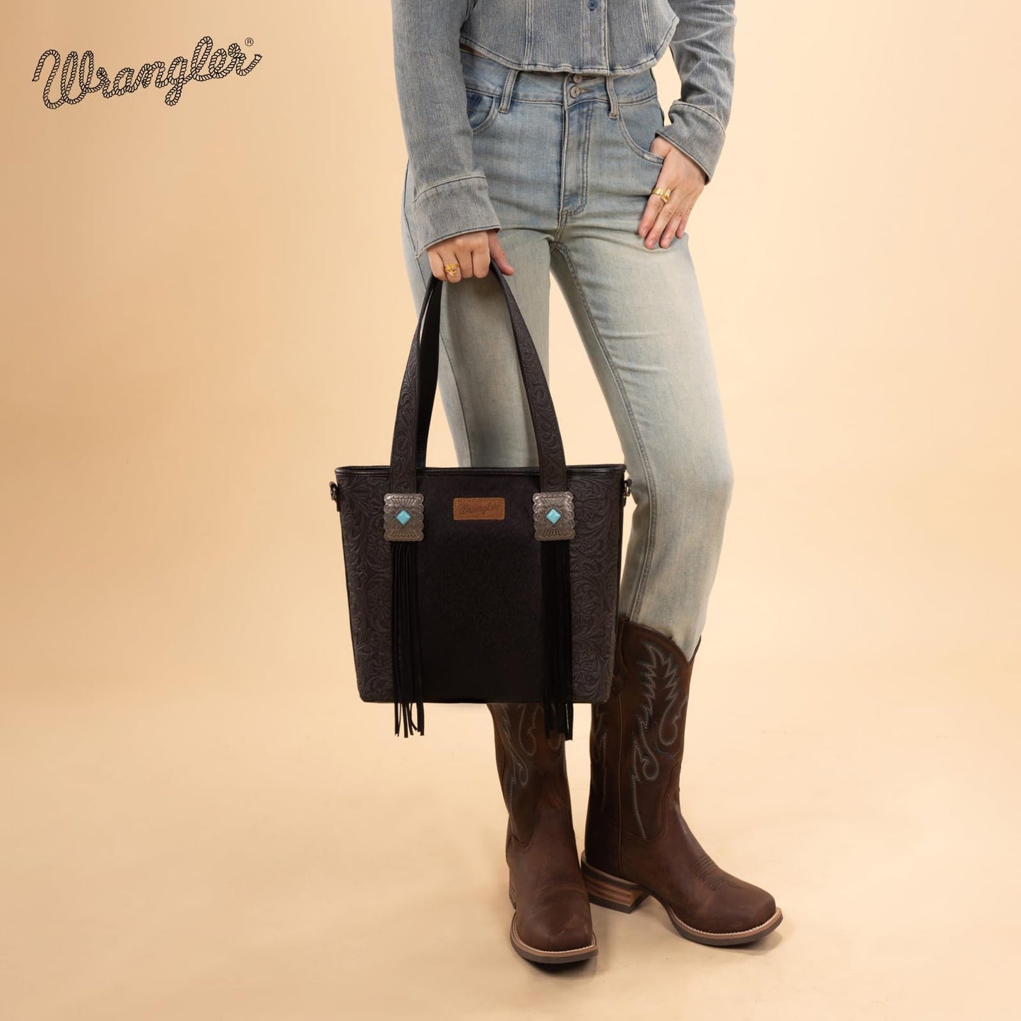 Montana West Wrangler Cowhide Tote Bag for Women Western Tooling Handbag Leather Fringing with Turquoise Stone Concho
