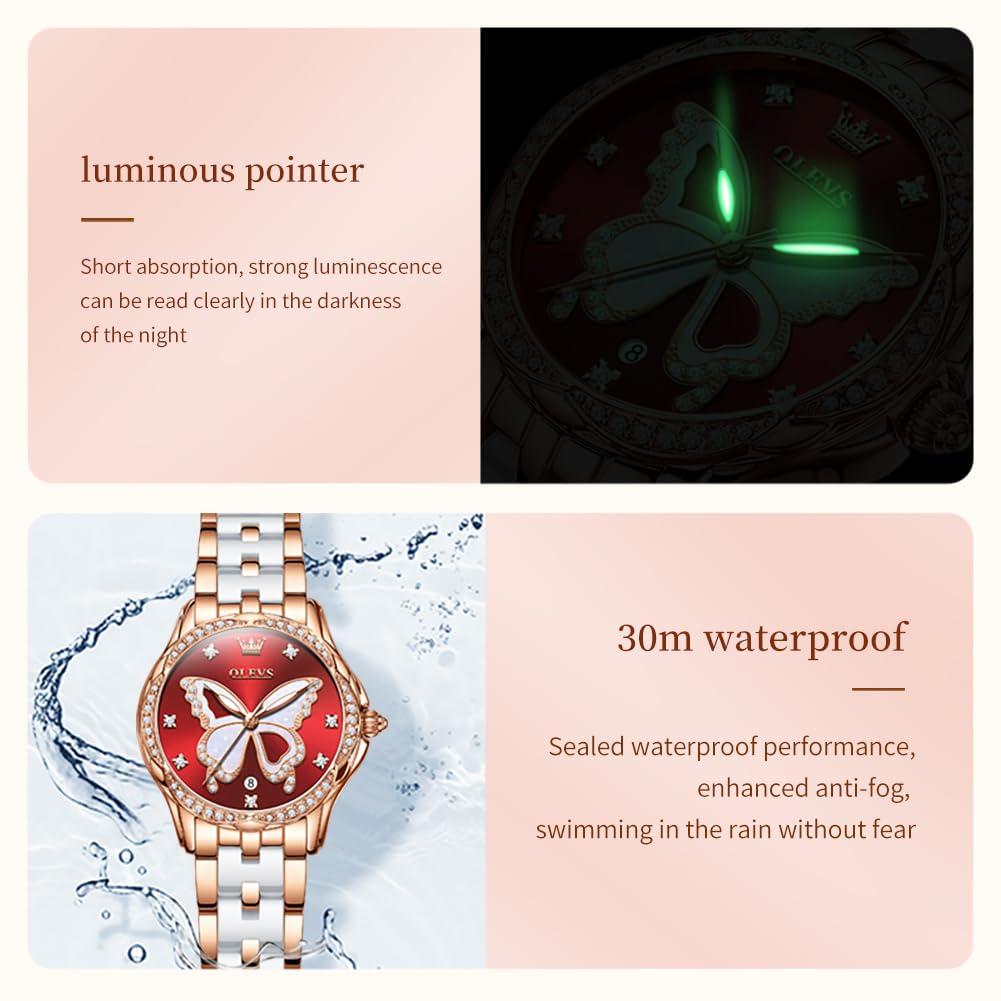 OLEVS Watches for Women Rose Gold Two Tone Fashion White Ceramic Ladies Wrist Watches Pink/Red Dial Stainless Steel Waterproof Date