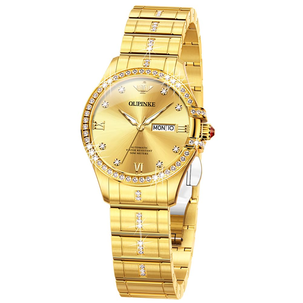 OUPINKE Women Automatic Watches Luxury Diamond Flywheel Two-Tone Stainless Tungsten Steel Band Moon Phase 24 Hours