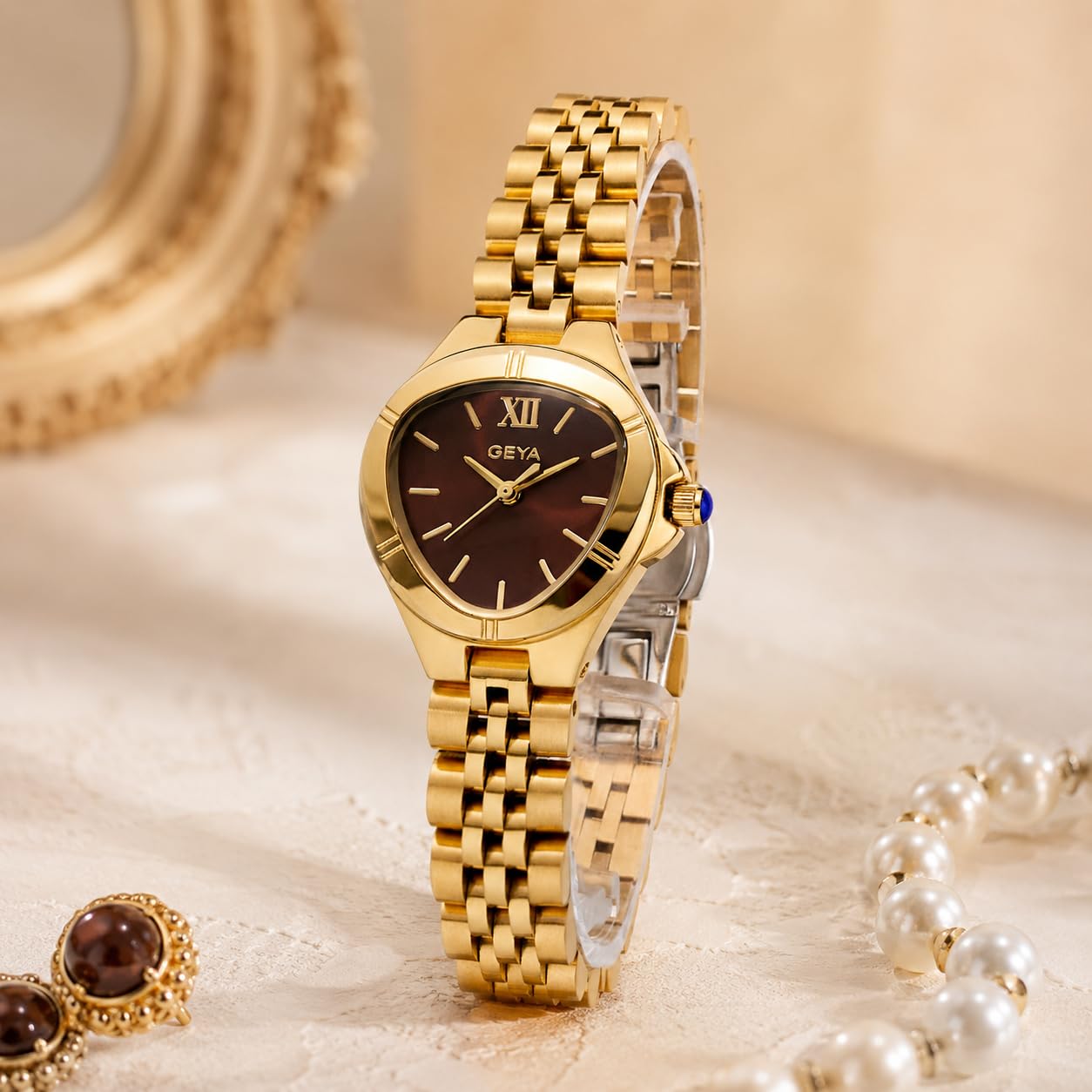 GeYa Vintage Gold Watches for Women Dainty Ladies Quartz Wristwatch,316L Stainless Steel Bracelet for Small Wrist,3ATM Waterproof,Triangle Shape,Birthday Gifts,with Tools,24.5mm