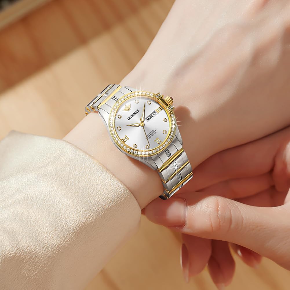 OUPINKE Women Automatic Watches Luxury Diamond Flywheel Two-Tone Stainless Tungsten Steel Band Moon Phase 24 Hours