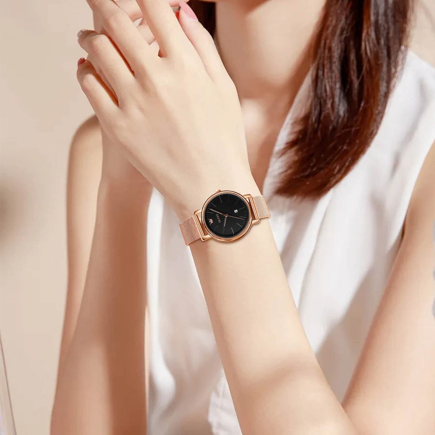 OLEVS Women's Mesh Bracelet Watch, Elegant Large Face Three Hand Analog Quartz Womens Wristwatch, Pretty Slim Date Display Waterproof Ladies Watches for Small Wrists