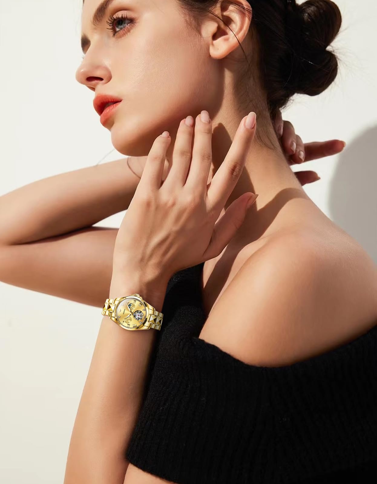 OUPINKE Women Automatic Watches Luxury Diamond Flywheel Two-Tone Stainless Tungsten Steel Band Moon Phase 24 Hours