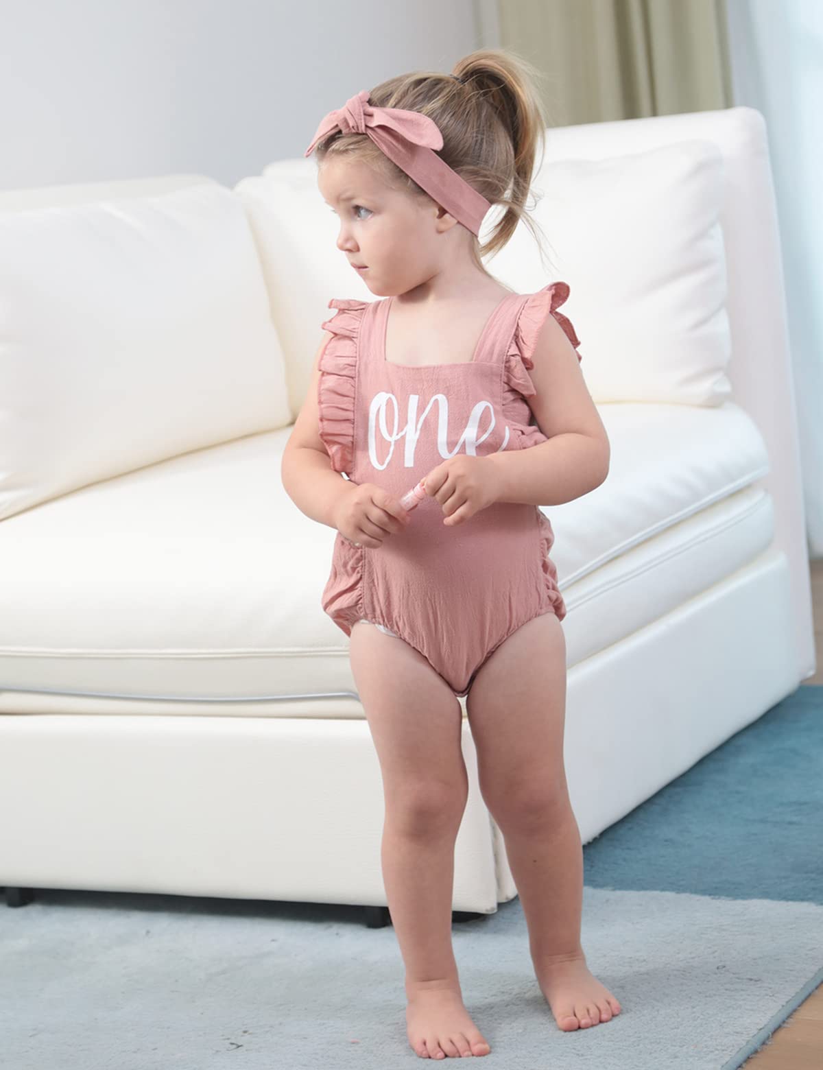 Shalofer 1st Birthday Outfit Girl Baby First Birthday Clothes Cute Backless Ruffles Bodysuit with Headband (Pink,12-18 Months)
