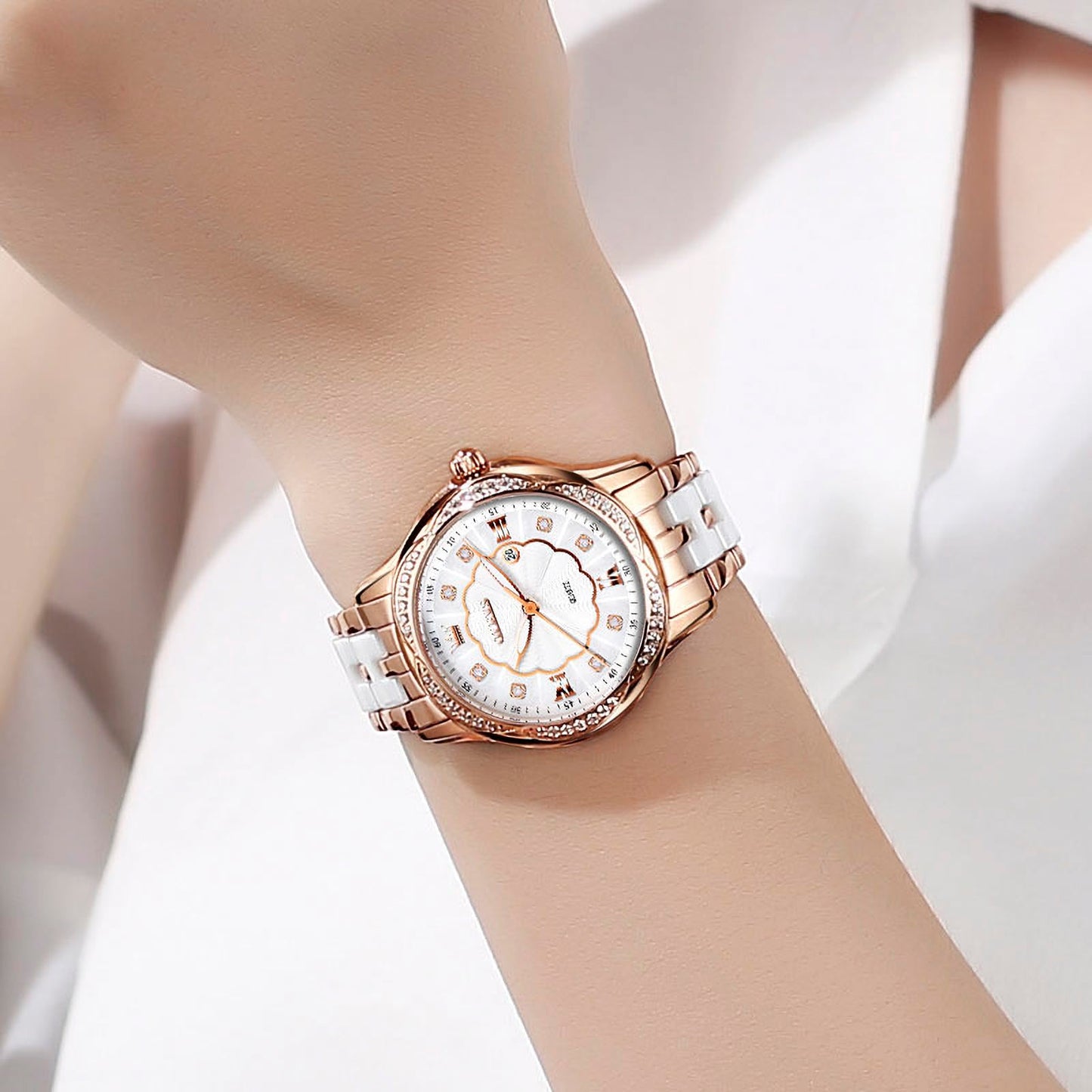 OLEVS Women's Watch Ceramic Band Waterproof Dress Watch Analog Quartz Watches Elegant Luxury Comfortable Wrist Watches with Date Day & Diamond White/Pink/Black Dial Gift for Her Reloj para Mujer