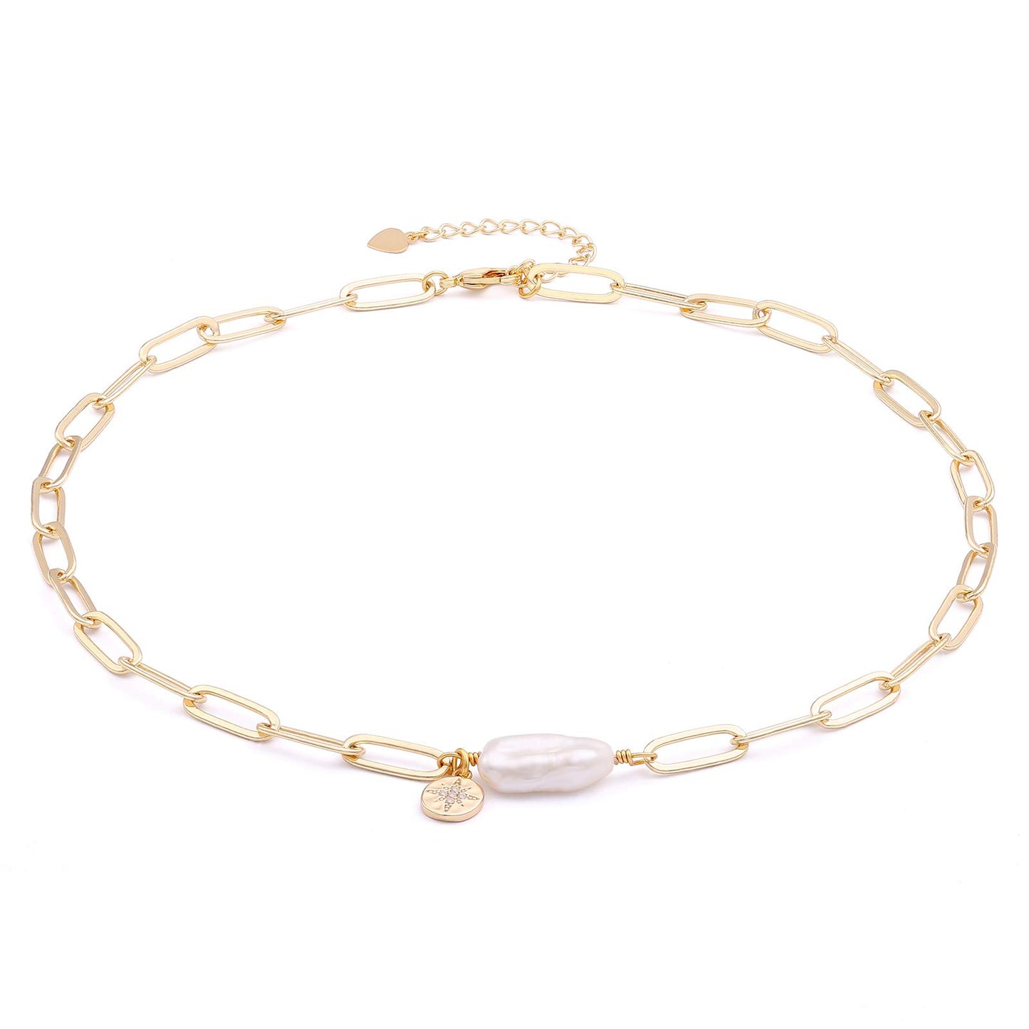 Aobei Pearl 18K Gold Plated Paperclip Chain Choker Satellite Chain Freshwater Cultured Biwa Pearl Pendant Necklace Dainty Turquoise Jewelry for Women