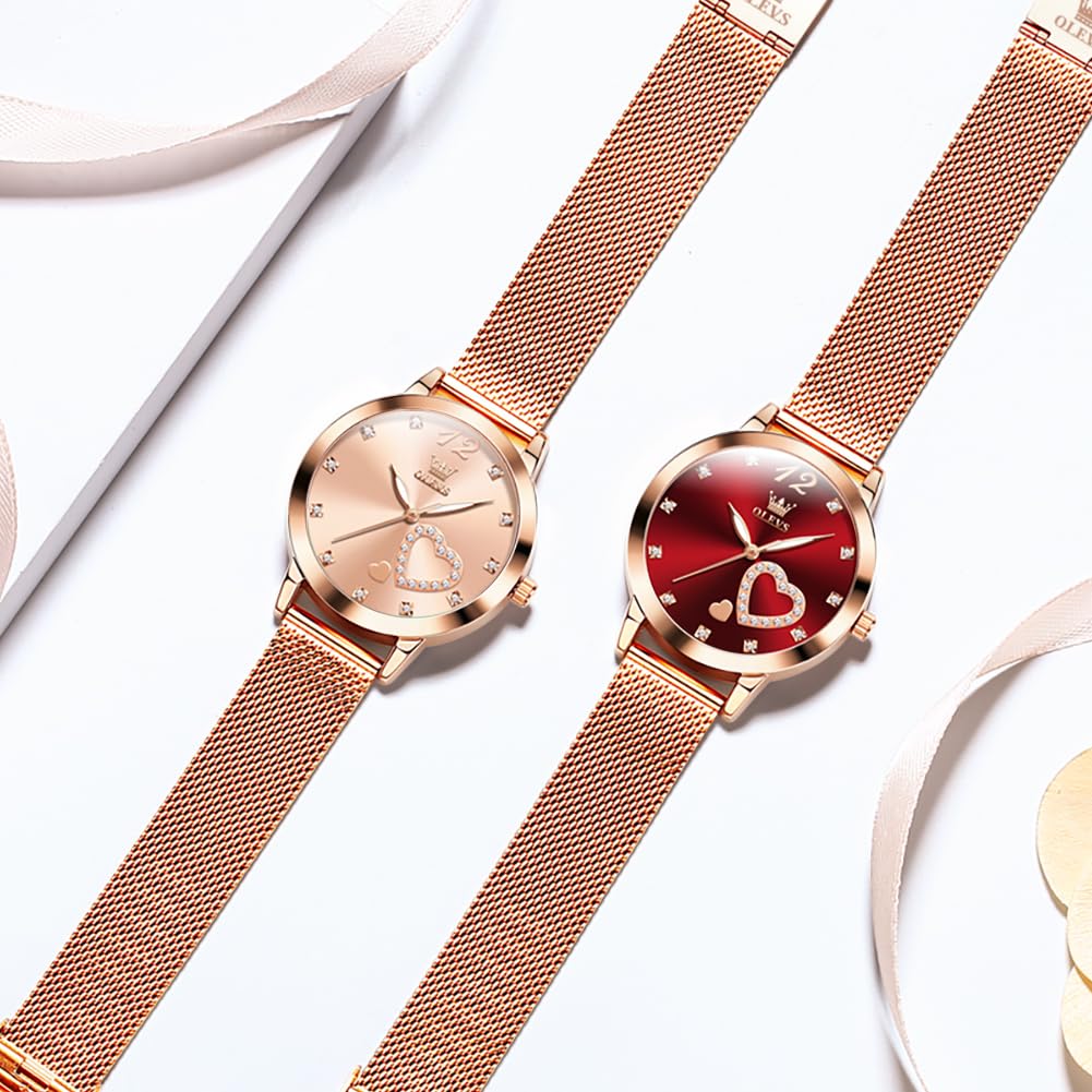 OLEVS Women's Watch Luxury Dress Rose Gold Women Slim Thin Lightweight Watch Stainless Steel Mesh Watches Fashion Waterproof Ladies Wrist Watch Black White Blue Face,Adjustable Bracelet