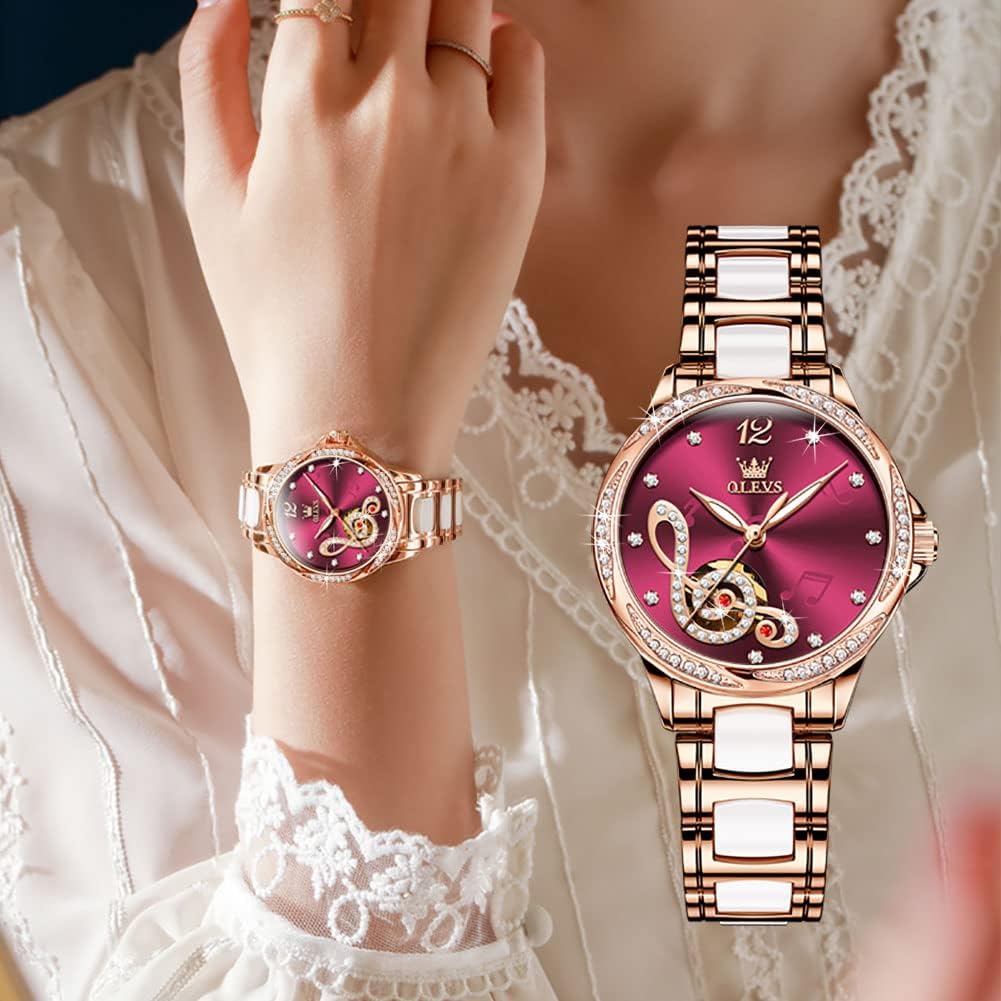 OLEVS Watches for Women Automatic Mechanical Self Winding Rose Gold Ladies Watch Diamond Dress Ceramic Bracelet Waterproof Female Wrist Watch