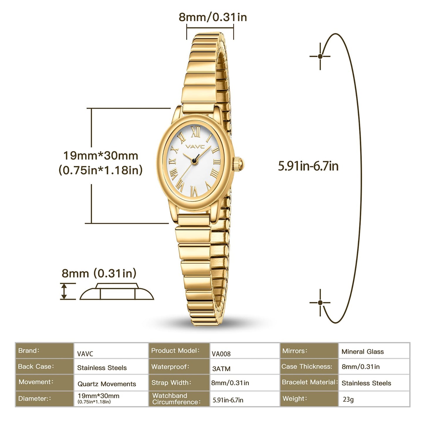 Small Gold Watches for Women,Analog Womens Watch with Stainless Steel Expansion Band,Oval Case Roman Dial,Water Resistant