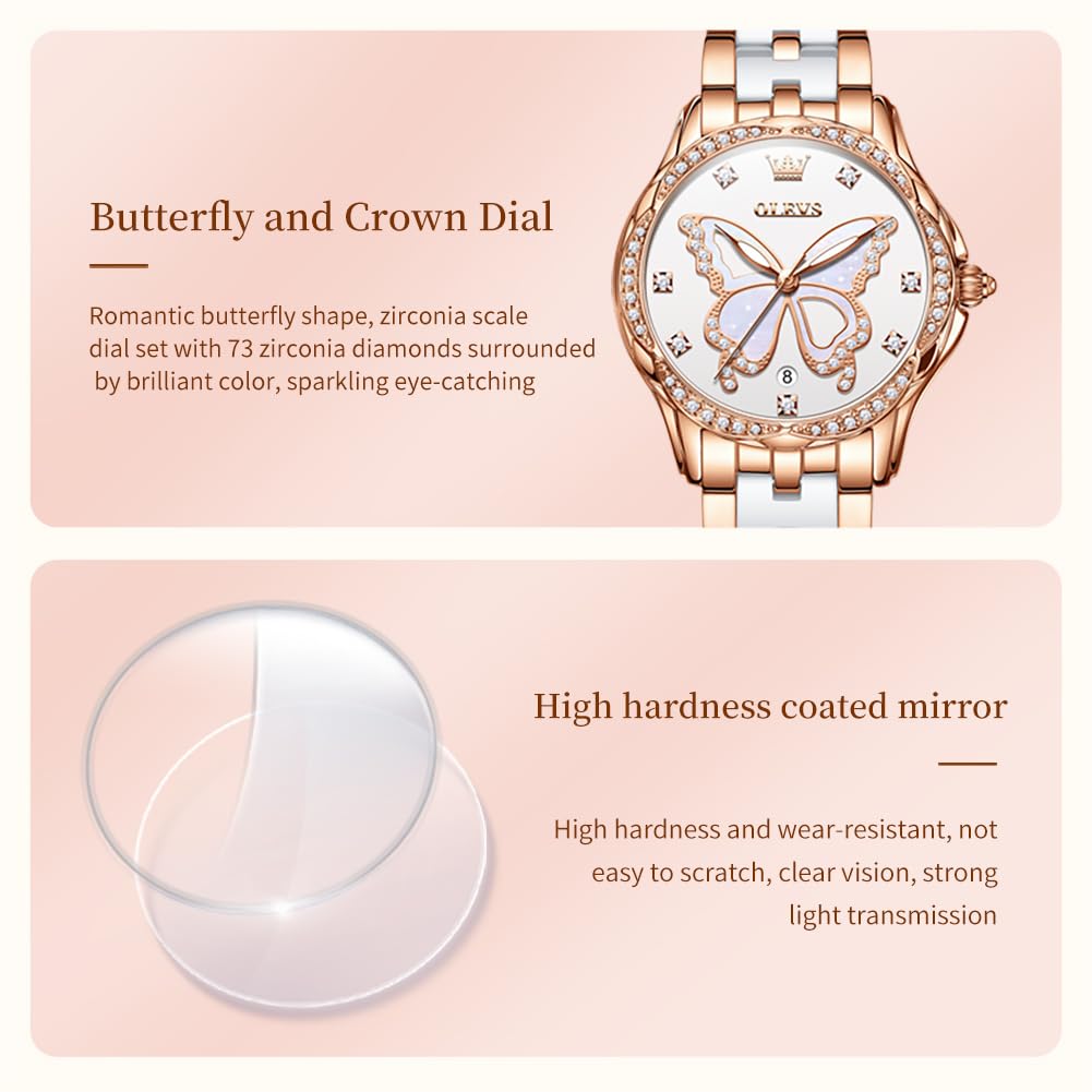 OLEVS Watches for Women Rose Gold Two Tone Fashion White Ceramic Ladies Wrist Watches Pink/Red Dial Stainless Steel Waterproof Date