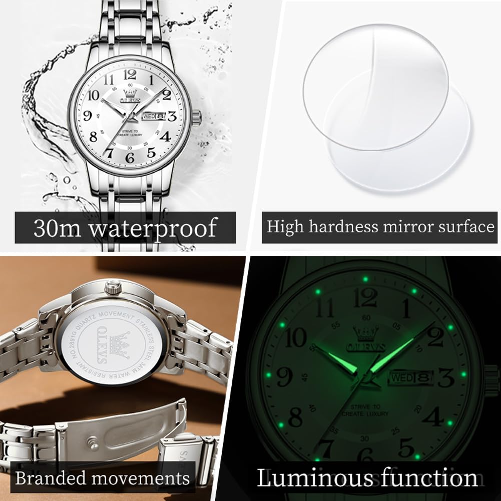 OLEVS Watch for Women Luxury Fashion Diamond Classic Arabic Dial Wrist Women's Watches with Date Waterproof Stainless Steel Quartz Ladies Watch