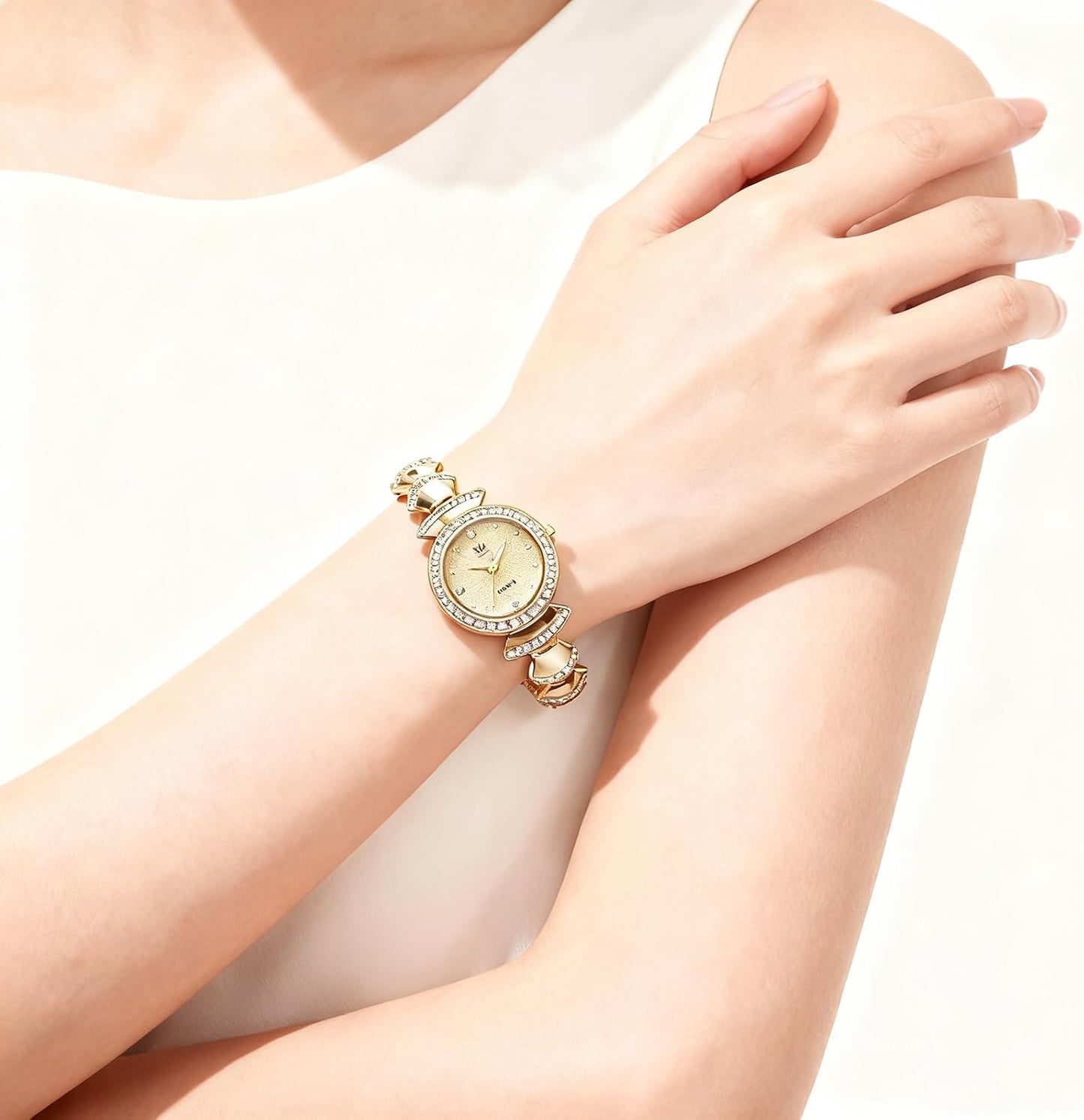 1080P Gold Watch for Women Small Round Face - Adjustable Rhinestone Chain Bracelet Watch Waterproof Ladies Quartz Wristwatch