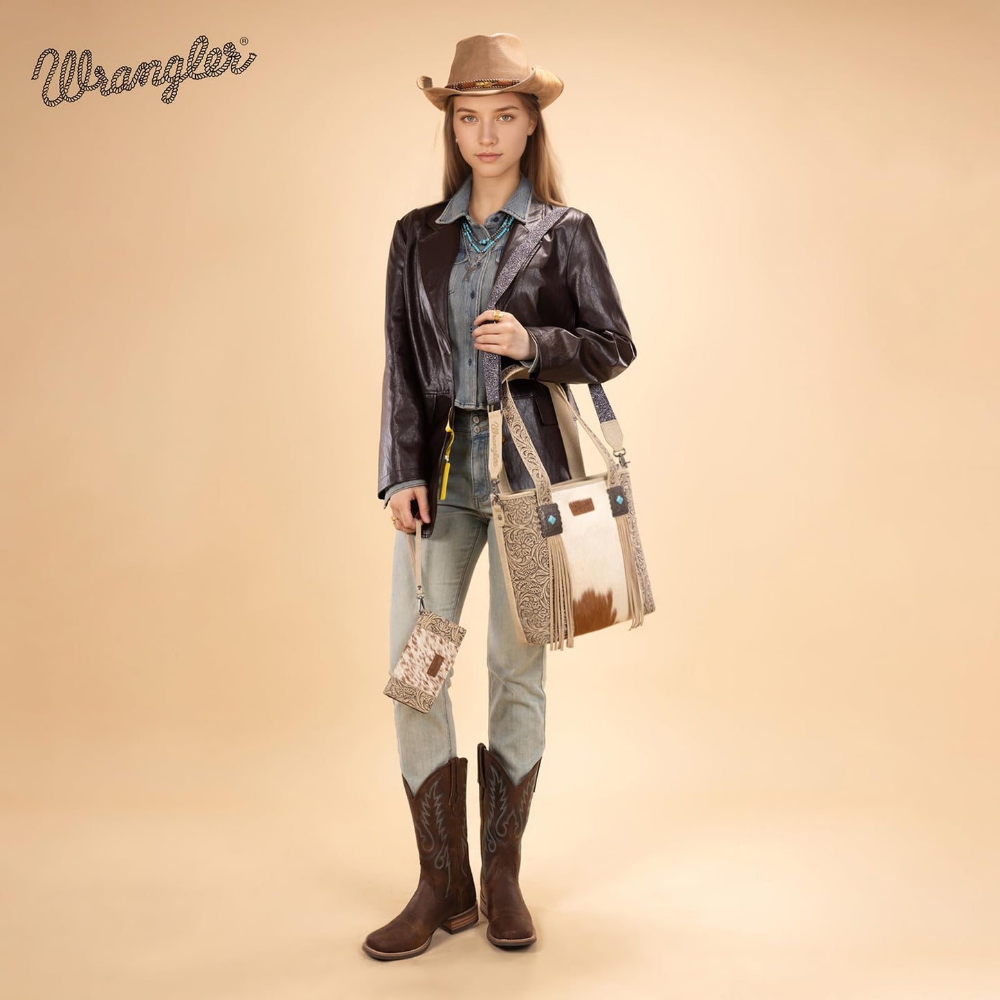 Montana West Wrangler Cowhide Tote Bag for Women Western Tooling Handbag Leather Fringing with Turquoise Stone Concho