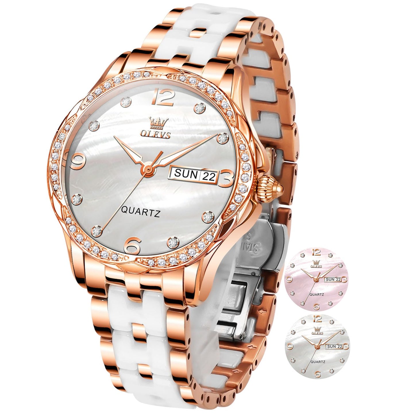 OLEVS Women's Watch Ceramic Band Waterproof Dress Watch Analog Quartz Watches Elegant Luxury Comfortable Wrist Watches with Date Day & Diamond White/Pink/Black Dial Gift for Her Reloj para Mujer