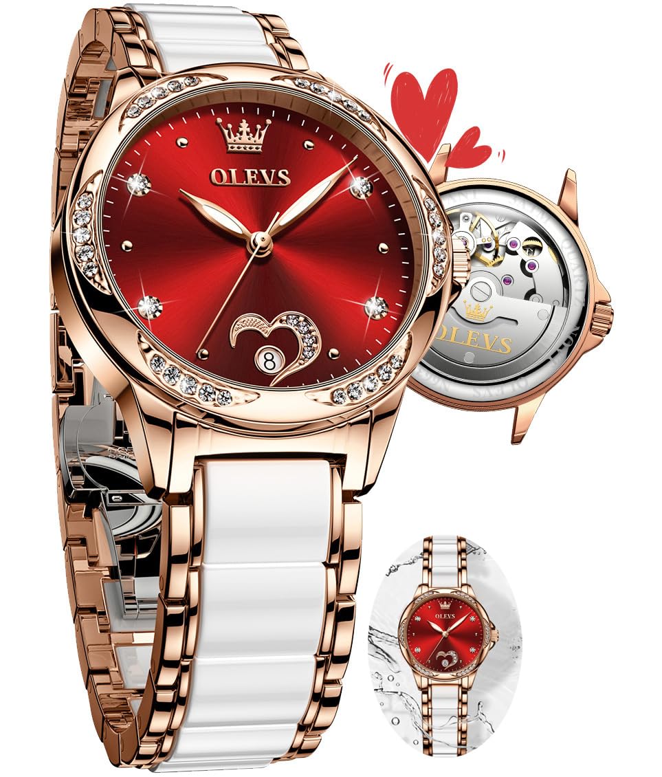 OLEVS Automatic Womens Watches Large Face Ceramic Self Winding Dress Watch for Women Diamond Waterproof Two Tone Stainless Steel Fashion Fashion Premium Bracelet No Battery Ladies Watches